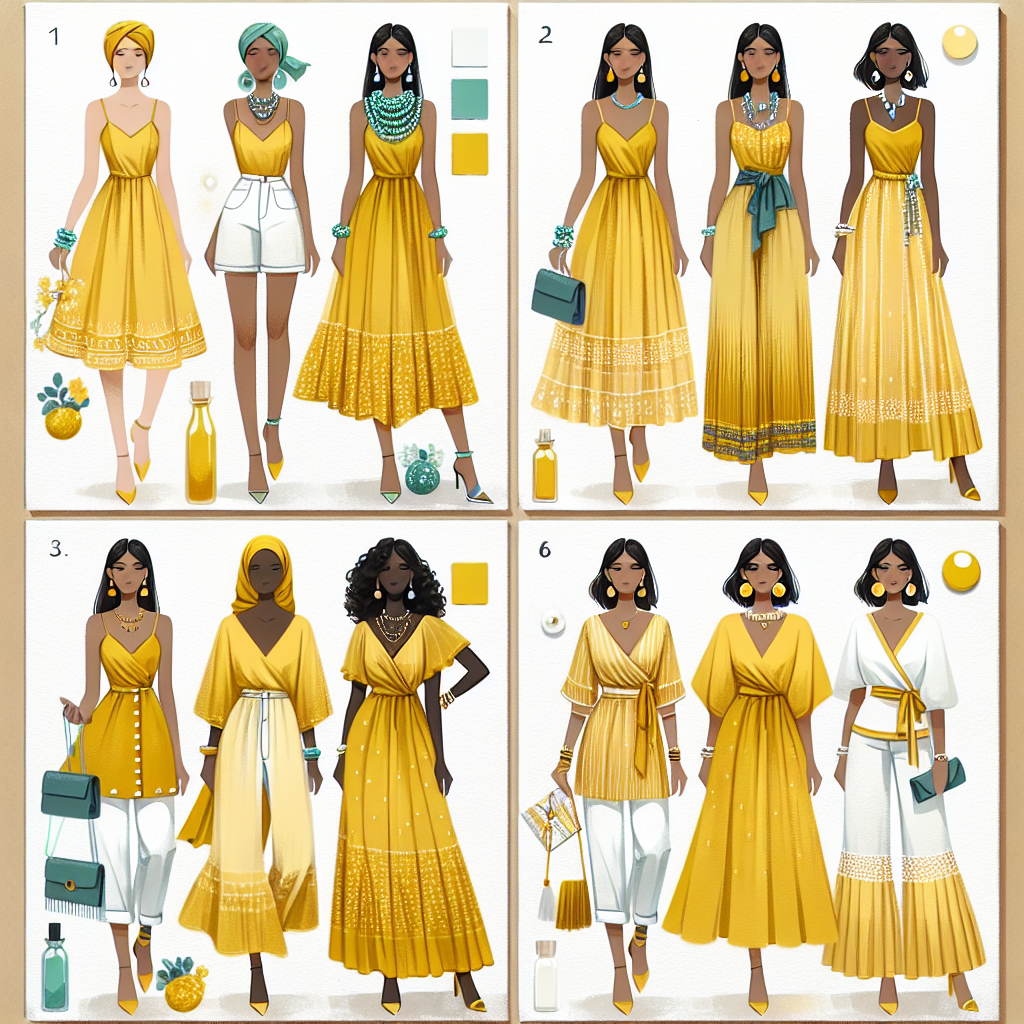Must-Have Pairings for a Yellow Dress: Find Yours! Design a fashion advice collage featuring four different pairings for a yellow dress. The first outfit should feature an East Asian woman in a lemon yellow sundress paired with mint green accessories. The second outfit should depict a Middle Eastern woman in a golden yellow maxi dress styled with deep blue jewellery. The third outfit could show a Black woman in a canary yellow sheath dress complemented with white accessories. The final outfit should feature a Hispanic woman in a mustard yellow wrap dress accessorized with pearl-coloured pieces.