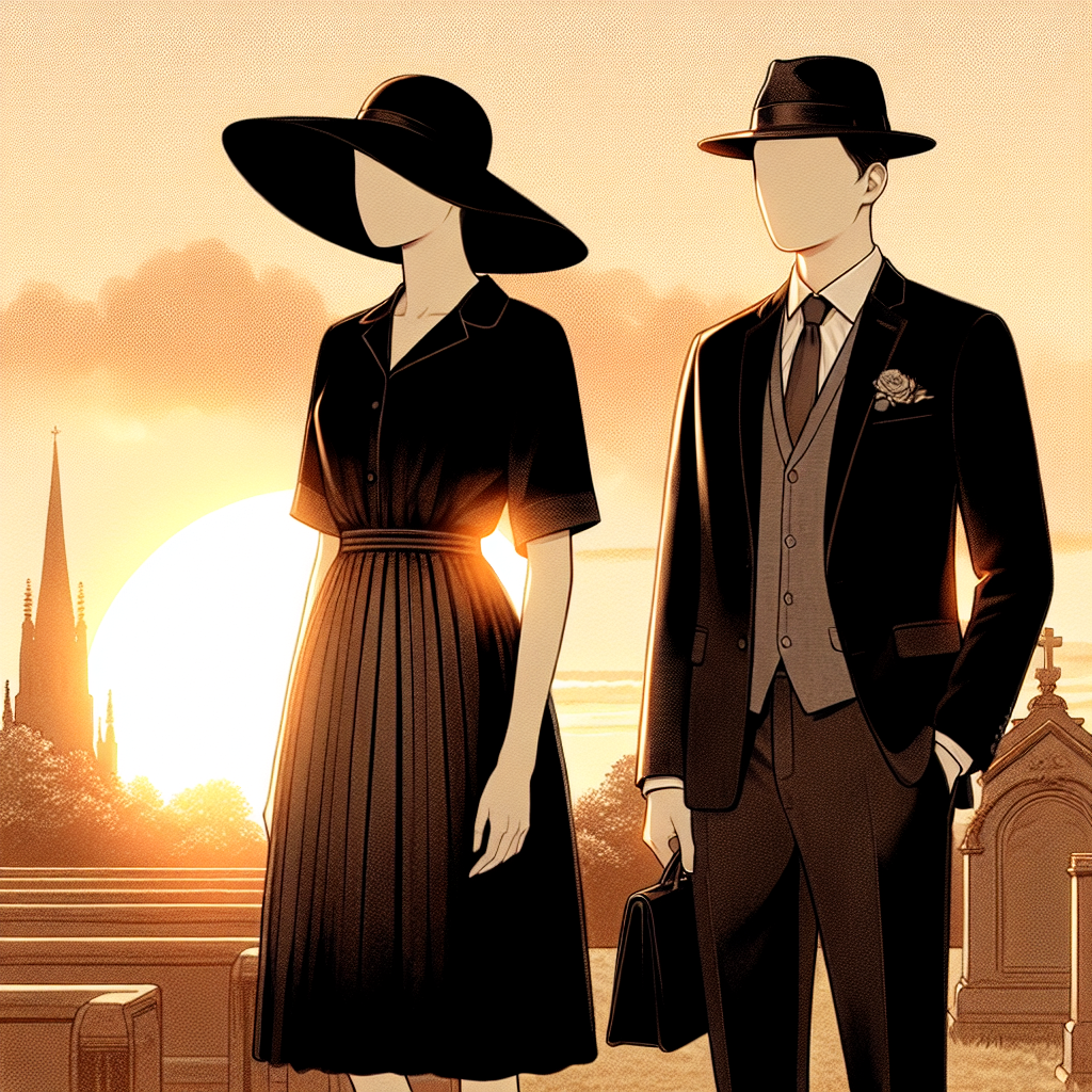 Must-Have Summer Funeral Visitation Attire A depiction of an ideal summer funeral visitation attire set against a serene sunset backdrop. Visualize a Black woman wearing a tasteful black knee-length dress coupled with a stylish yet respectful hat, and an East Asian man donning a light-weight black suit with a muted colored tie. The sun, low in the sky, casts a warm glow on their attire, emphasizing the breathable material suitable for summer heat.