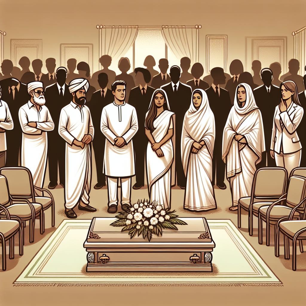 Discover the Best Outfits for Hindu Funerals in America Visualize a scene that represents various traditional Hindu funeral attire in America. Picture a group of grieving attendees, each wearing different but appropriate outfits. Include a South Asian man wearing a white kurta, a Middle-Eastern woman in a white sari, and a Caucasian woman in white western-style attire suitable for a funeral. Emphasize the respect and solemnity of the occasion.