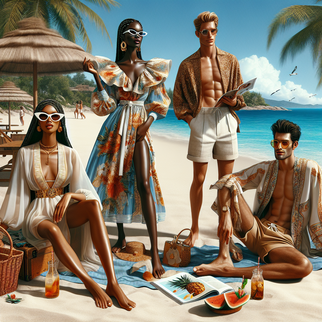 Beach Chic: Discover Stunning Alternatives to Swimsuits Envision a sun-drenched sandy beach, dotted with palm trees and clear blue waters gracefully kissing the shore. On the sand, picture four fashionable individuals enjoying the sun. A black woman, with her hair in cornrows, is rocking a flamboyant, breezy summer dress. Next to her, a Caucasian man in linen shorts and a light cotton shirt is wearing sun glasses and flipping through a magazine. Seated on a blanket is a South-Asian woman wearing a high-waisted bikini coupled with a sheer beach wrap. Lastly, a Hispanic man is enjoying the sun in a fashion-forward beach kimono with large sunglasses. In the background, there's a hint of tropical drinks and a picnic set up.