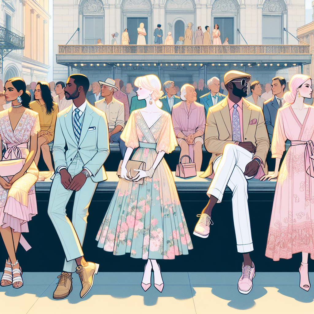 What to Wear to a Broadway Show: Stunning Spring Picks Imagine a setting at a Broadway theatre during Spring. The scene depicts a collection of people dressed in fashionable springtime attire, all eagerly waiting for the show to begin. The palette predominantly reflects pastel hues as the predominant color trend for the season. Habits of dress woven in stylish silhouettes reveal diversity in the crowd. Perhaps, a young South Asian woman dressed in a floral, pastel-colored knee-length dress, a Hispanic man sporting a stylish pastel-blue blazer paired with white chinos, a Middle-Eastern elderly woman beautifully draped in a soft-toned saree, and a Black man fashionably dressed in a pastel pink shirt tucked into a pair of tailored black pants.