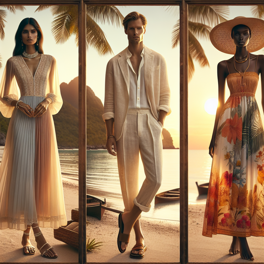 Must-Have Outfits for a Destination Beach Wedding Showcase of must-have outfits for a destination beach wedding. Set in a serene beach environment framed by palm trees and golden sunset, include three different outfits: 1. On the left, present a South Asian woman elegantly dressed in an airy pastel silk saree, accessorized with delicate sandals and pearl jewelry. 2. In the center, depict a Caucasian man in a relaxed linen suit, complete with unbuttoned shirt and loafers. 3. On the right, feature a Black woman in a flowing sun dress of vibrant tropical colors, augmented with a statement sun hat and minimalist gold accents.