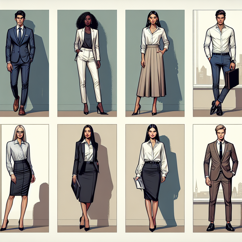 Stunning Outfits for Job Orientations: Effortless Style Create a collage of six different individuals displaying stunning outfits suitable for job orientations. On one side, depict a Middle-Eastern man in a well-fitted suit and a Black woman in a business-casual dress. In the center, visualize a Hispanic woman donning a power suit and a South Asian man wearing a smart casual outfit. On the other side, portray a Caucasian woman in a classy midi skirt and shirt, and a White man in a slick turtleneck paired with formal trousers. Each clothing item should represent effortless style and professional elegance.