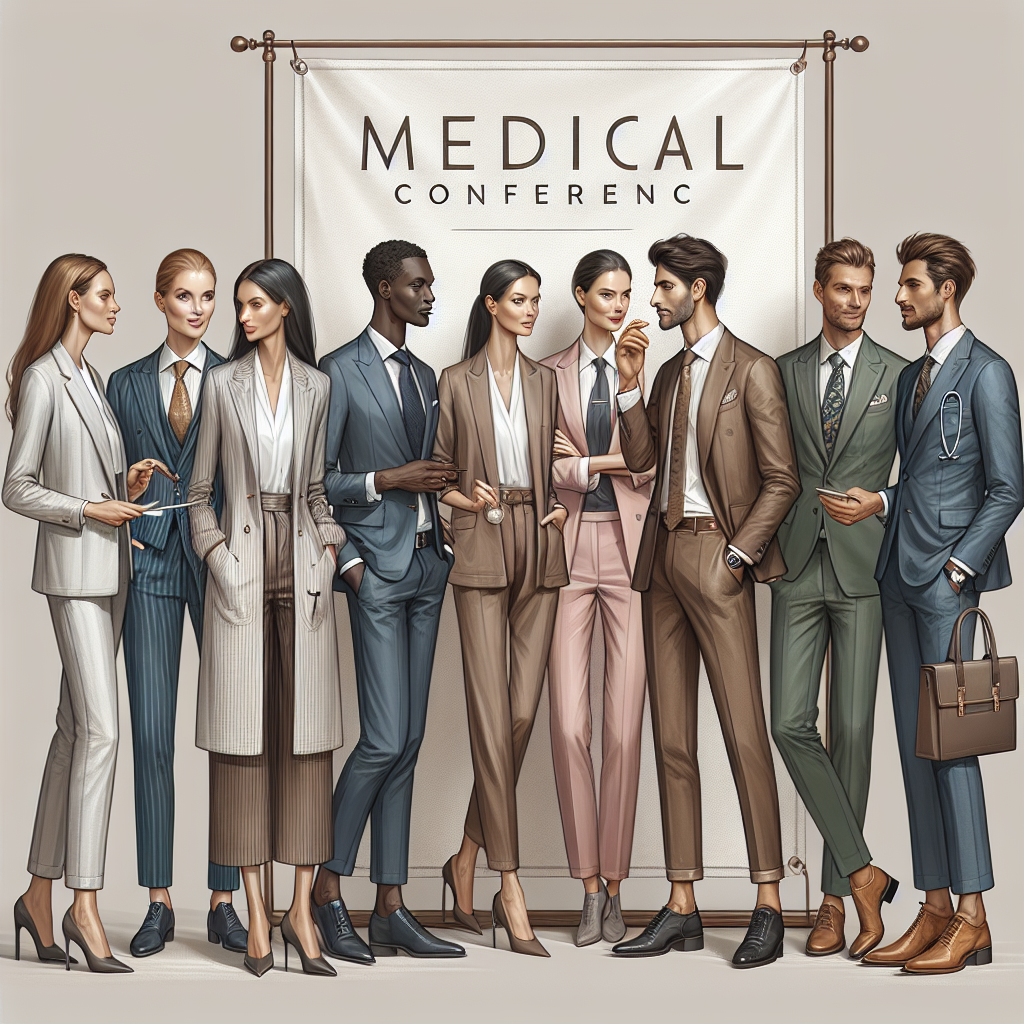 Effortless Style: Must-Have Looks for Medical Conferences A multi-ethnic group of medical professionals, male and female, gathered at a sophisticated conference. They are dressed in chic professional attire that embodies an effortless style: the women in tailored suits of various hues with tasteful accessories, the men in paired blazers and slacks, subtly patterned ties adding a dash of personality. They stand conversing near a banner that reads 'Medical Conference' in classy cursive letters. Create a balance of nuanced earth tones in the background to evoke a professional yet inviting atmosphere. Please depict the scene in a realistic style.