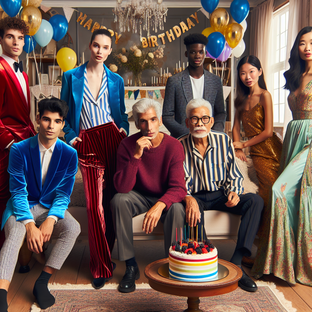 Stunning Outfits for House Birthday Parties Create an image that features six people of diverse backgrounds gathered in a lavishly decorated home. Have each person different: a young Caucasian male wearing a bright blue velvet suit; a Middle-Eastern female donned in a ruby-red silk dress; an elderly Hispanic male showcasing a stylish monochrome black ensemble; a South Asian female flaunting a pastel-themed jumpsuit; a Black male in a yellow and white striped shirt with navy blue trousers; and an Asian female adorned in a flowy green and gold traditional attired. The living room is festively decorated with multicolored balloons, streamers, and a large cake on the centerpiece table under a banner that reads 'Happy Birthday'.