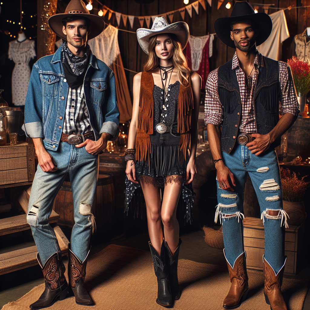 Cowboy Party Styles: Must-Have Looks For Any Scene Envision a lively scene that captures various cowboy party styles. On the left, a Caucasian male wearing traditionally western attire, complete with a wide-brimmed hat, denim jacket, and cowboy boots. In the centre, a Middle-Eastern woman dons a modernized cowboy outfit, with a stylish leather vest, high-waisted jeans, and a pendant necklace. On the right, a Black male in a mix of old and new cowboy styles - a fringe jacket and a contemporary bandana print shirt, a pair of raw denim jeans and classic brown cowboy boots. The background is festive, with rustic decorations and warm lighting.