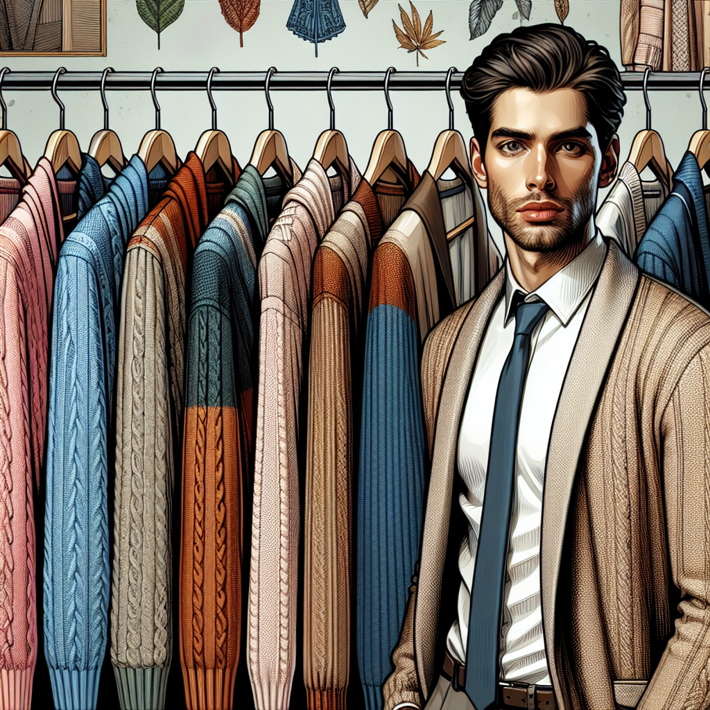 Must-Have Cardigans for Effortless Interview Style Create a detailed and appealing image showcasing a variety of essential cardigans for achieving an effortless style in interview scenarios. In the picture, depict a spectrum of cardigans draped on hangers against a neutral background. Show an array of colors, patterns, and fabrics that work well in professional settings. Include a variety of styles such as shawl collar, crew neck, V-neck, and open front. Additionally, portray a male model of Hispanic descent and a female model of South Asian descent, each elegantly adorned in one of these cardigans to illustrate its potential when paired with the right outfit.