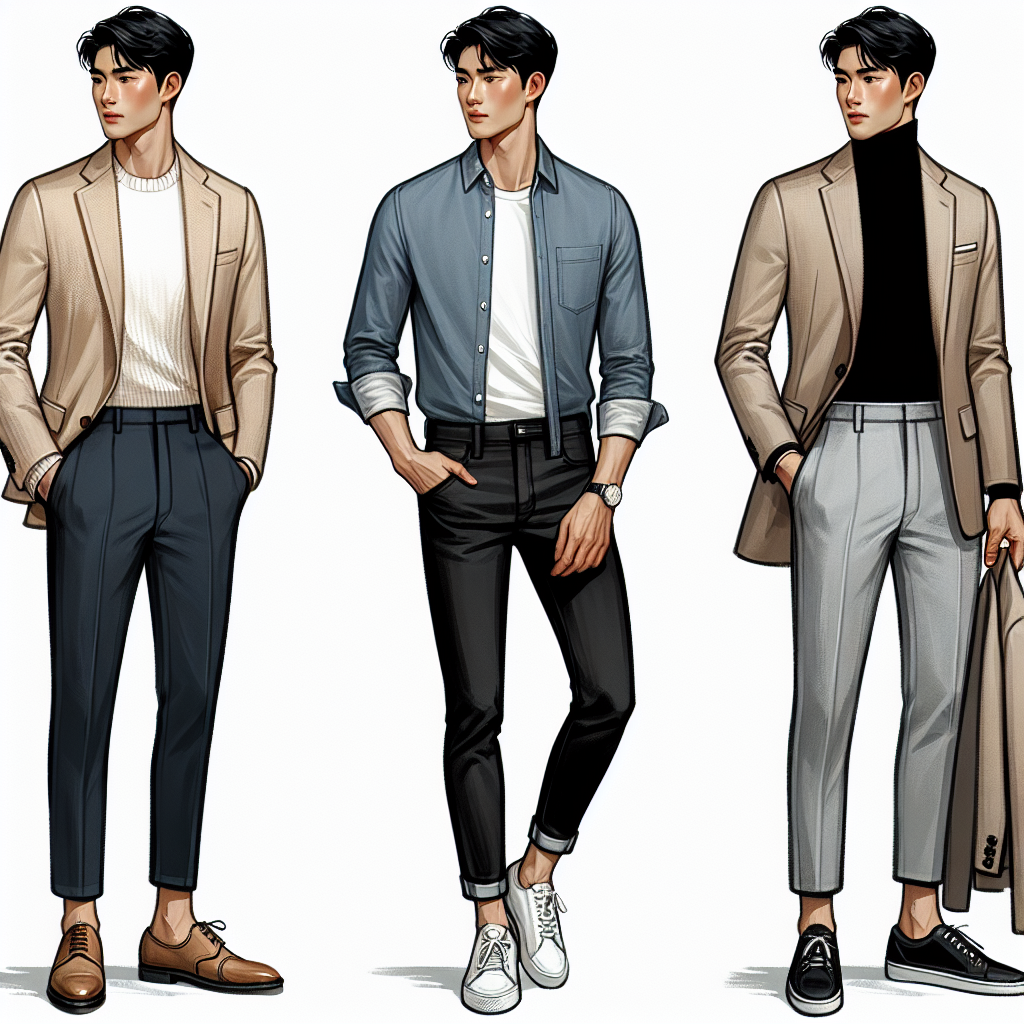 Must-Have Looks with a Beige Blazer for Men A collection of fashionable outfits based on a beige blazer for men. The first scene shows an Asian man in a sophisticated combination of the beige blazer with a white shirt, navy blue trousers and brown leather shoes. In the second scene, a black man sports the blazer with a light blue denim shirt, black skinny jeans and white sneakers for a more casual look. The third scene features a Middle-Eastern man looking professional in the beige blazer, paired with a black turtleneck, grey trousers and black loafers. All scenes should convey style and elegance.
