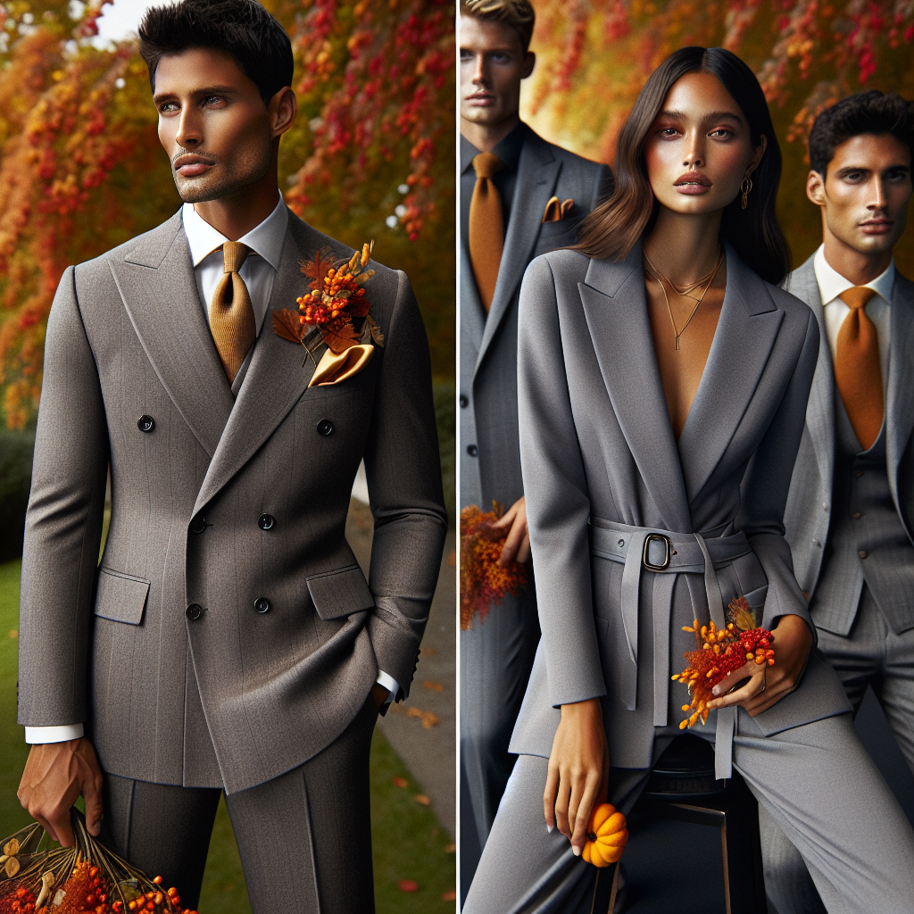 A beautiful autumn backdrop brings out the compelling elegance of several gray suits making a striking statement at a garden party. The image encapsulates must-have styles with an array of cuts, fabrics and fits. A male model of Hispanic descent sports a double-breasted gray suit with sharp lapels and a complementary yellow silk pocket square, on his arm, a black female model graces a slim-fit charcoal jumpsuit suit with a fresh bouquet of Fall blossoms clutched in her hands. A South Asian male model is seen in background with a modern fit medium-gray suit, paired with a pumpkin-orange tie, perfectly complementing the season.