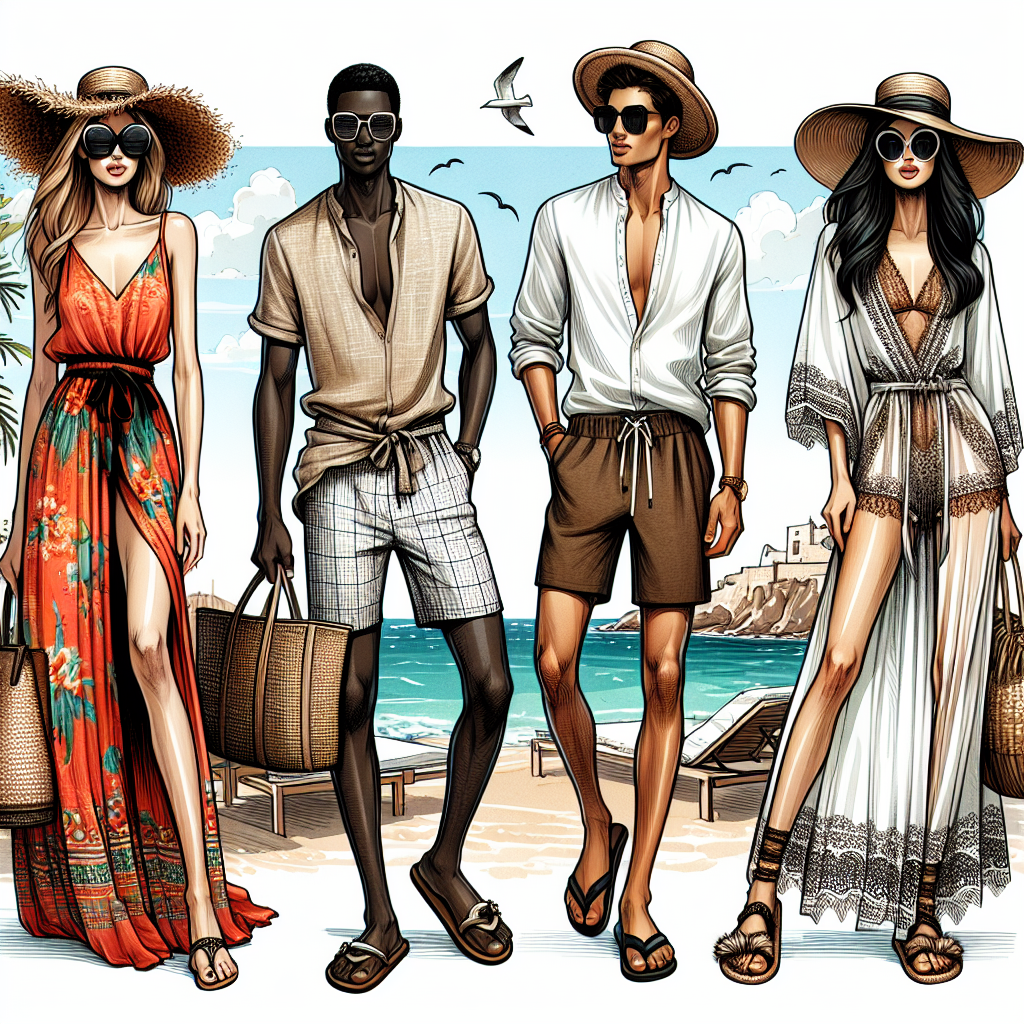 Must-Wave Beach Club Outfits: Exclusive Style Tips An illustration bringing together different beach club outfits that are a must have for fashion-forward individuals. The scene should include three individuals wearing trendy beach club attire. Person one, a Caucasian woman, wearing a vibrant, breezy maxi dress with oversized sunglasses and a straw hat. Person two, a Black man in a linen shirt paired with stylish shorts and flip-flops. Person three, a Middle-Eastern woman, donning a chic cover-up over her swimsuit with fashion sandals and a boho bag. The scenery should speak to a beach atmosphere with touches of luxury typical of beach clubs.
