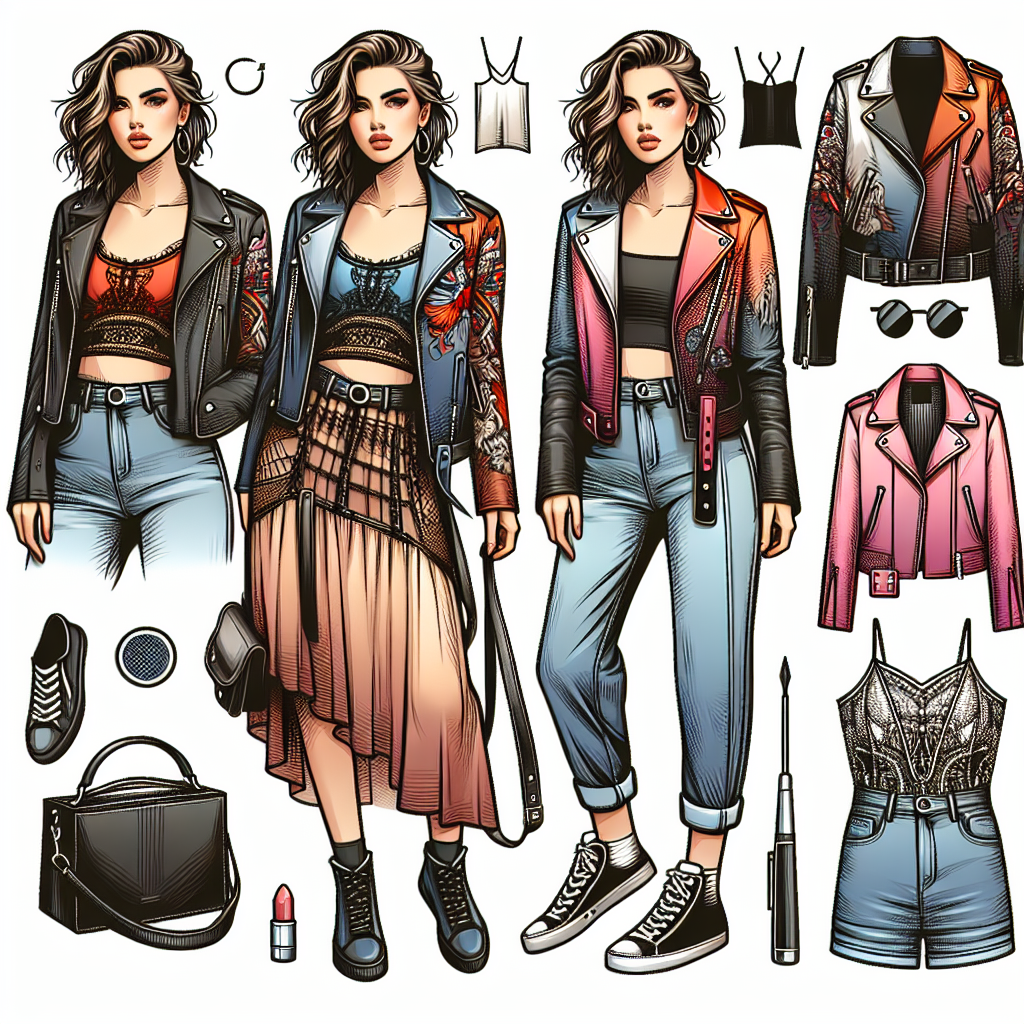 Must-Have Outfits for Billie Eilish Concert with a Leather Jacket Create a style-focused image displaying must-have concert outfits. Picture a lady with a modern, edgy fashion sense to fit a concert setting. She should be seen in a detailed and vividly colored leather jacket, paired with casual yet stylish attire suitable for a contemporary music event. Include elements that hint at it being a concert, like stage lights or musical instruments, but avoid direct references to specific performers.