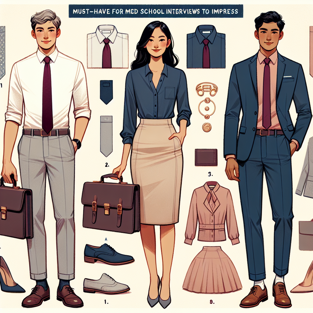 Must-Have Looks for Med School Interviews: Dress to Impress A fashion guide themed 'Must-Have Looks for Med School Interviews: Dress to Impress'. Depict a grid of three different outfits suitable for med school interviews. 1) On the left side, display a caucasian male in a light gray suit, white shirt, and burgundy tie. 2) In the middle, show a black female in a navy blouse paired with a beige pencil skirt. 3) On the right side, illustrate a south Asian male in a navy blue blazer over a pastel-colored shirt. Also add accessory suggestions like briefcases, portfolios, classy footwear, and minimal jewelry.