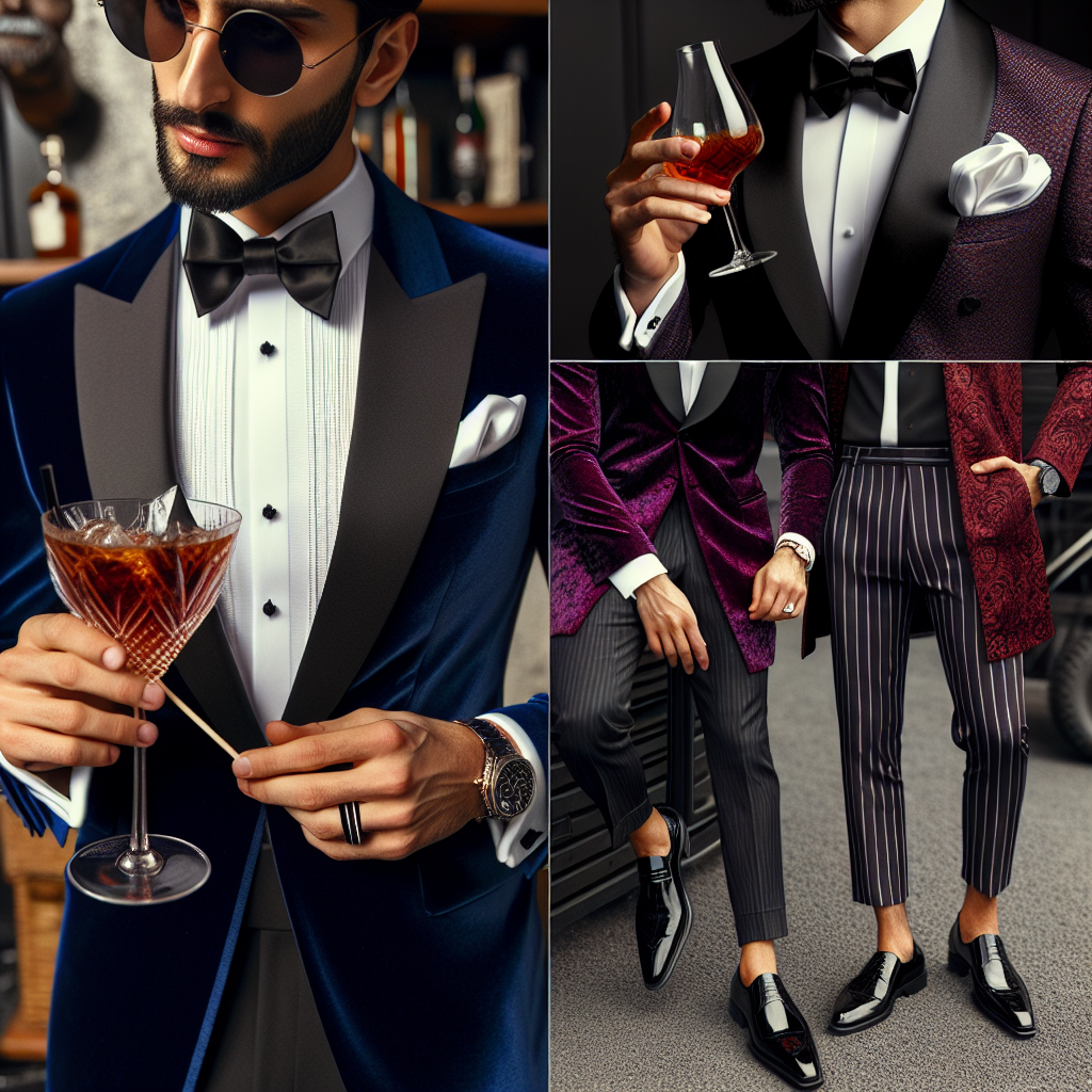 Stunning Outfits for Men at Cocktail Parties: Best Picks An elegantly dressed Middle-Eastern man at a cocktail party, wearing a sharp tailored blue tuxedo, a white silk pocket square peeping out of the breast pocket, a shiny black bow tie, and glossy black leather shoes. He holds a cocktail glass in his hand, sipping it leisurely. In another scene, a South Asian man displays panache in a burgundy velvet blazer over a black satin shirt, paired with pin-striped trousers and two-toned brogues, engaged in a jovial conversation. These are some of the stunning picks for men's cocktail party outfits.