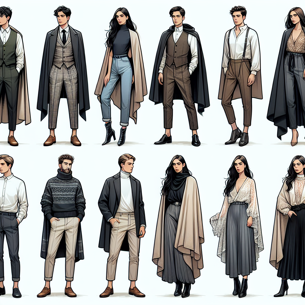 Create an image showcasing a detailed fashion guide on must-have styles to wear under a cloak. Display an array of six diverse individuals, illustrating different styles. The first person is a Middle-Eastern male wearing a stylish vest and tailored trousers. The second, a Black female donning a chic turtleneck and high-waisted jeans. The third, a White male in a crisp button-down shirt and chino pants. The fourth, a South Asian female with a flowing maxi dress. The fifth, a Hispanic male in a cozy pullover and khakis. Finally, the sixth, a Caucasian female in a lace blouse and pleated skirt. Each person should be partially draped in various styles of cloaks.