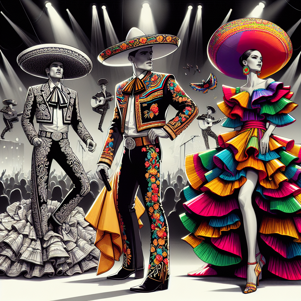 Must-Have Outfits for a Stunning Mexican Concert Imagine a collection of must-have outfits suitable for a mesmerizing Mexican concert. The first is a traditional charro outfit worn by a Mexican man, complete with an elaborately embroidered jacket, tight black pants, and a wide-brimmed sombrero. The second is a vibrant, multilayered folklorico gown sported by a Latina woman, its colorful ruffles resembling the wings of a tropical bird in motion. The final is a contemporary outfit, a balance of urban style and cultural influences, worn by a Mexican American teenager. The scene is bursting with the pulsating energy of music and joyous celebration.