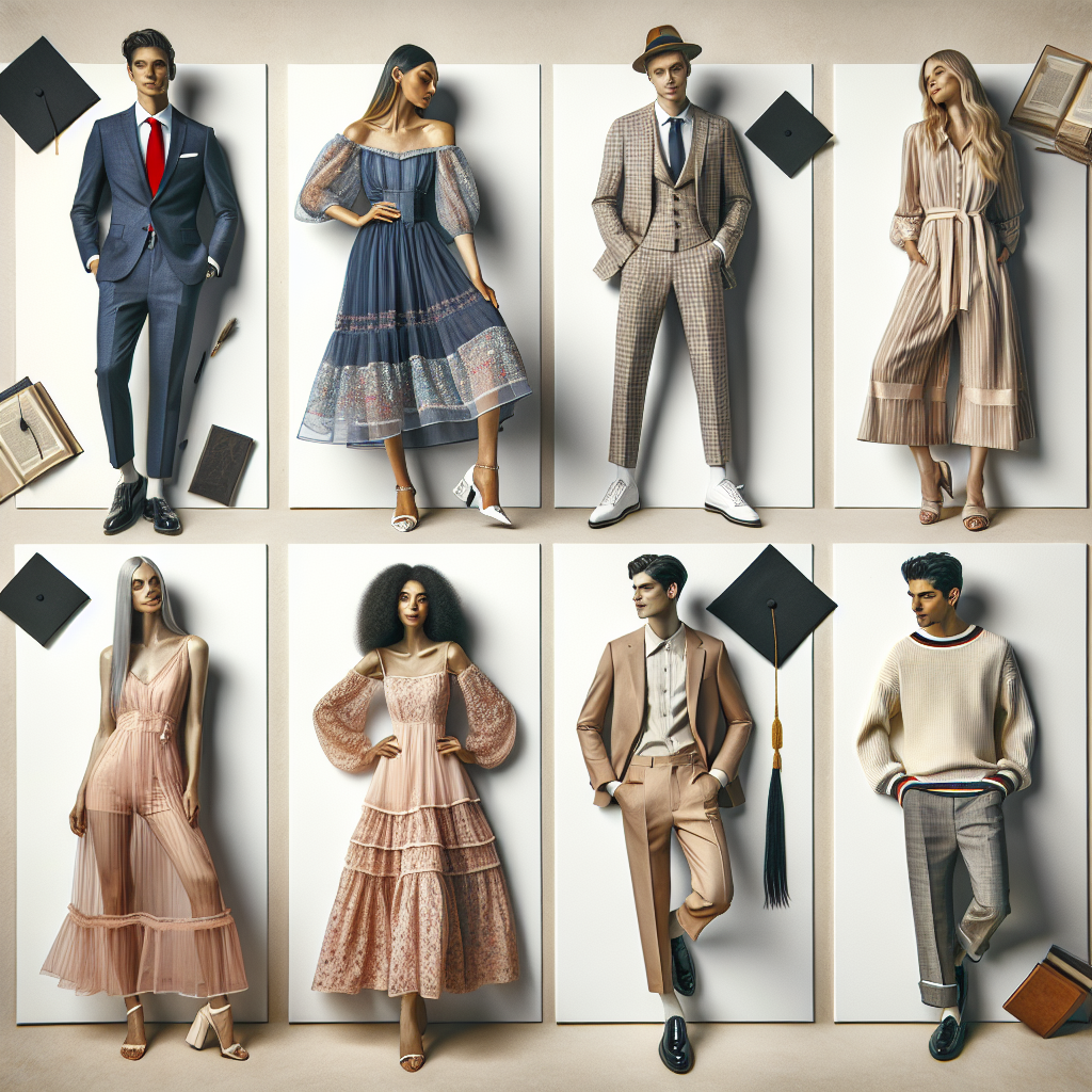 Graduation Outfit Guide: Stunning, Effortless Picks An image showcasing a diverse range of graduation outfits, tailored for different styles and tastes. Include at least three individuals: a Caucasian male wearing a navy blue suit with a red tie, a Hispanic female in an elegant summer dress of pastel colors, and a Middle-Eastern gender-neutral person sporting a smart-casual style layered outfit. Layout could be like a catalogue spread with each individual on different spaces or corners, stylishly showing off their outfits. In the pages' center, place a black graduation cap symbolizing the theme of the image. Capture a tone of excitement, pomp, and class.