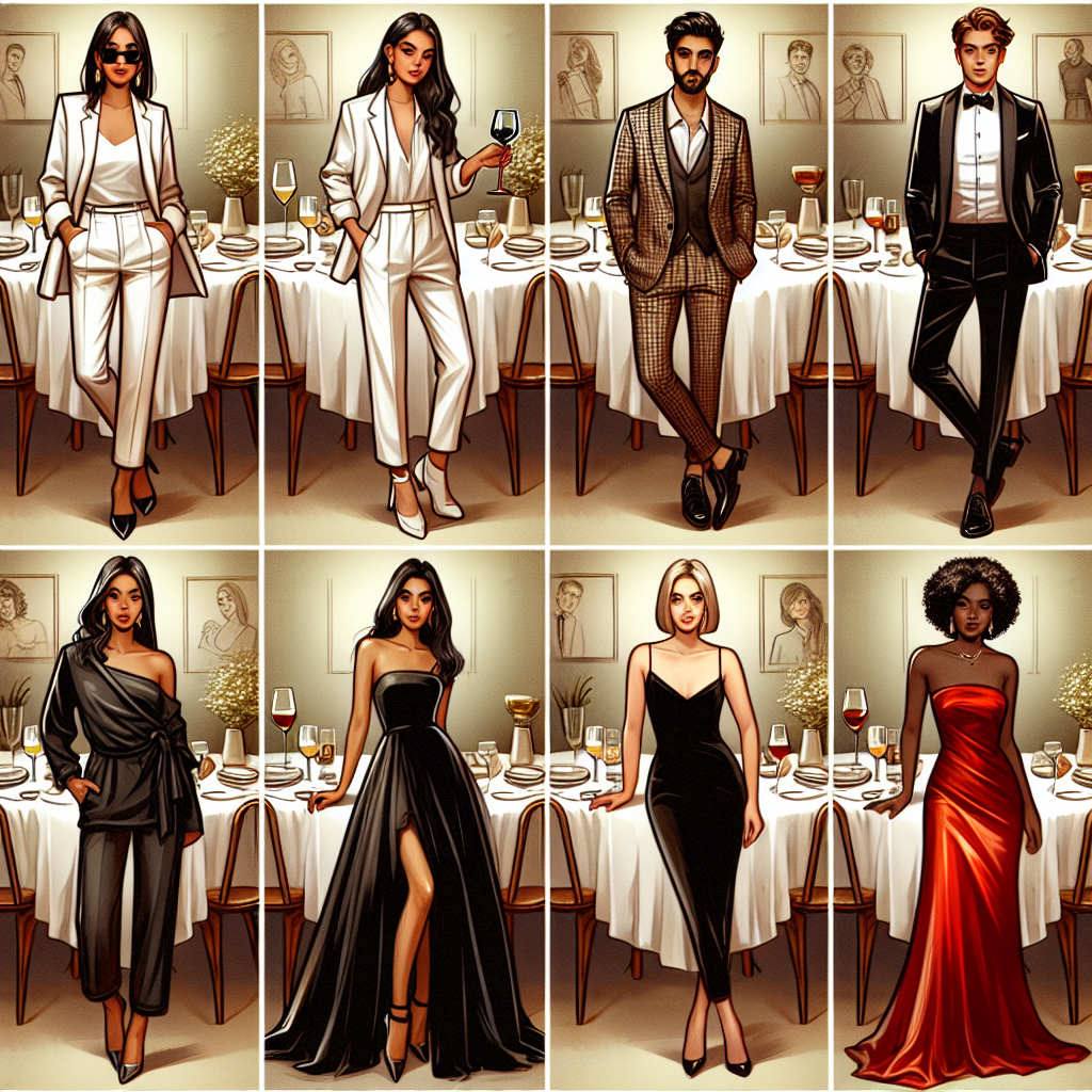Stunning Dinner Outfits: Find Your Perfect Match! Visualize a variety of stunning dinner outfits for different occasions. Imagine a chic white silk suit for a business dinner worn by a confident Hispanic woman. Picture a casually elegant jumpsuit worn by a South Asian man for a dinner date. Visualize a luxurious black taffeta gown worn by a Caucasian lady for a gala event. Also, picture a classic black velvet suit worn by a Middle-Eastern man for a formal dinner. Finally, envision a red satin cocktail dress worn by a Black woman for a festive dinner party. All showcasing diversity and style.