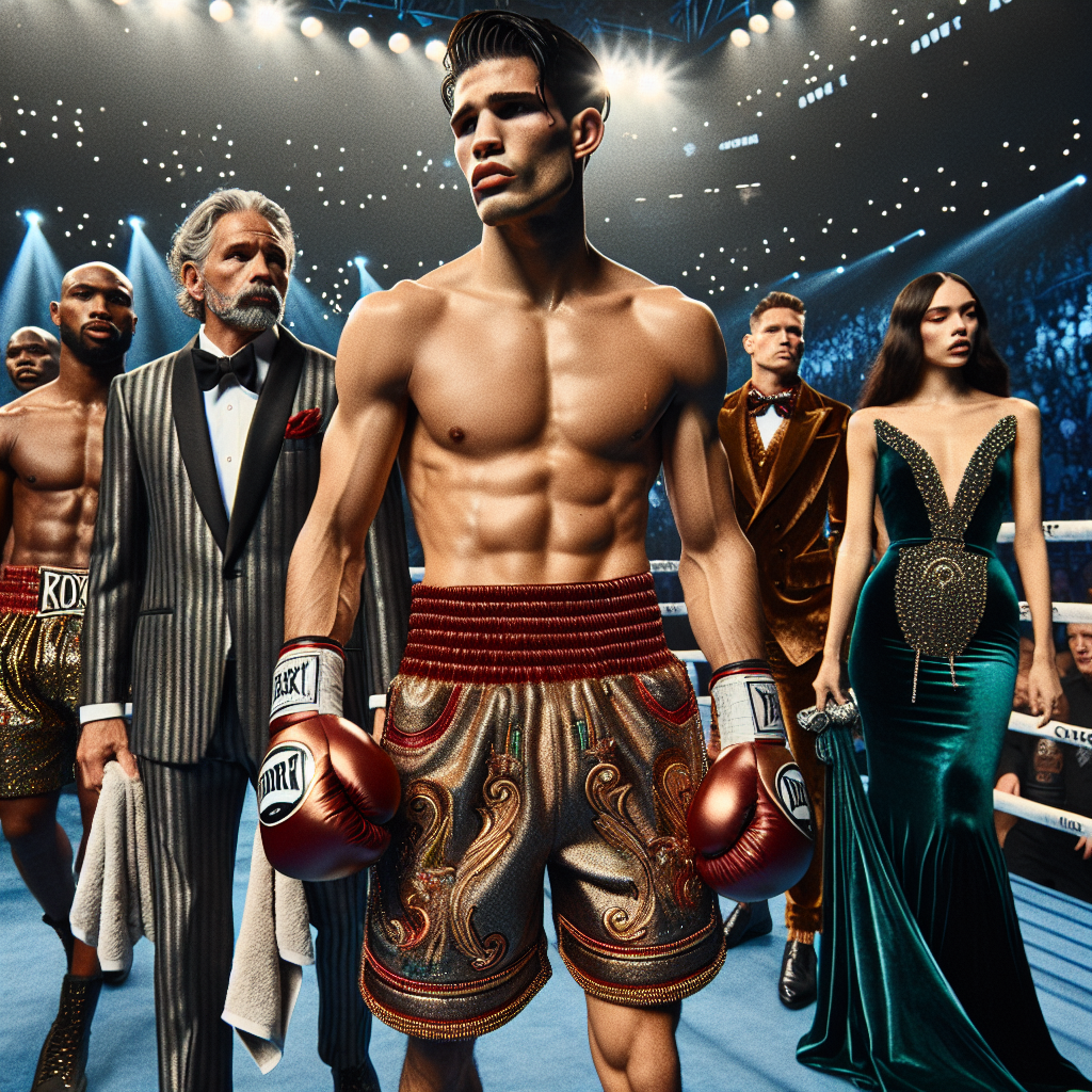 Boxing Match Fashion: Must-Have Styles for the Ring! Imagine a flurry of action and adrenaline-fueled intensity at a premier boxing match. Now, shift your focus to the unique fashion aspects that captivate your attention! Visualize a male boxer of Hispanic descent, clothed in shimmering metallic gold and red shorts with intricate stitchworks and matching gloves. His Hispanic female trainer in a sleek grey suit with a red silk tie, holding a towel and a water bottle. To the side, a Caucasian male referee in classic black and white striped attire, and a Black female ring announcer elegantly dressed in a formal emerald gown, holding a microphone. Capture their confident stances and fashion-forward ensembles, all set against the backdrop of an electrified crowd.