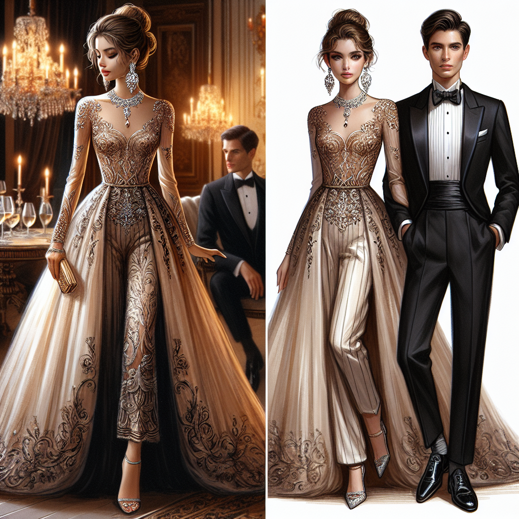 What to Wear for a Gala Dinner: Stunning, Effortless Style Visualize an ensemble appropriate for a gala dinner. Imagine a woman of Hispanic descent wearing an elegant floor-length gown with intricate embroidery, her hair styled in a sophisticated updo. She wears opulent jewelry including sparkling drop earrings and a matching necklace. Complementing her attire is a man of Caucasian descent, donning a sharp black tuxedo, a bow tie, and polished shoes, his hair neatly combed back. The background holds a hint of luxurious setting, suggesting chandeliers and velvet drapes, capturing the stunning, effortless style of the evening.