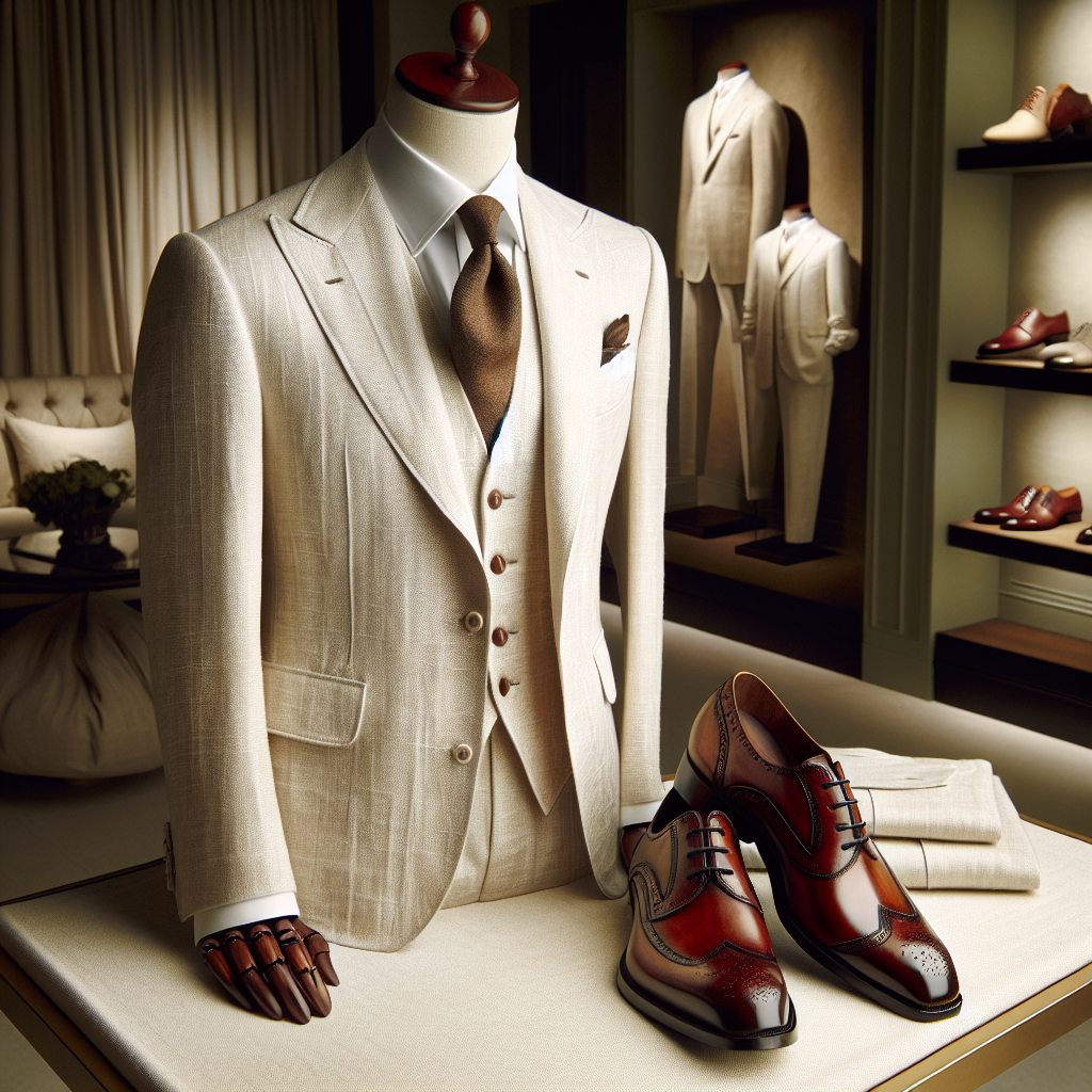 Imagine an exquisitely tailored linen suit, naturally off-white in color, with subtle hints of texture. Displayed on a mannequin of a South Asian man, the suit carries an effortless elegance. Now, add a pair of polished leather shoes, mahogany brown, with intricate detailing that speaks of careful craftsmanship. The shoes exude a firm yet graceful style, perfectly complementing the suit. The scene is arranged against a soothing backdrop of an elegant showroom. Let the aura of effortless elegance engulf the entire setting, capturing the essence of 'Stunning Shoe Styles for Linen Suits'.