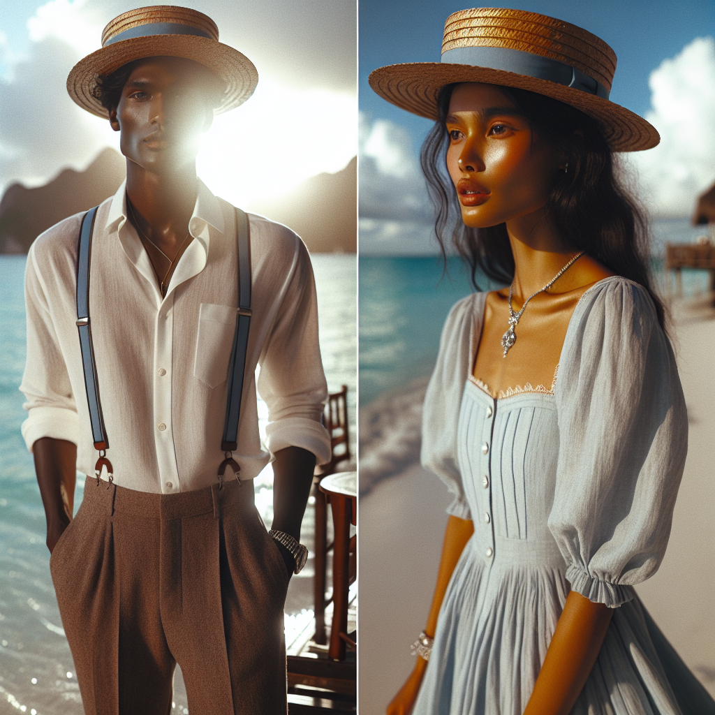 What to Wear to a Wedding: Effortless Cruise Style Picture this: a seaside wedding with an atmosphere of effortless elegance. The perfect ensemble for this occasion is cruise style fashion. Imagine a tall, Black man dressed in a crisp white shirt, blue suspenders, and brown trousers. His shoes are polished, and a straw boater hat sits jauntily on his head. In contrast, a South Asian woman dons a light linen dress in shades of pale blue, reminiscent of the ocean. She adorns herself subtly with silver jewelry and completes her look with comfortable white sandals. The sun's radiant glow and the background of an idyllic beach perfectly encapsulates this relaxed, yet stylish, scene.
