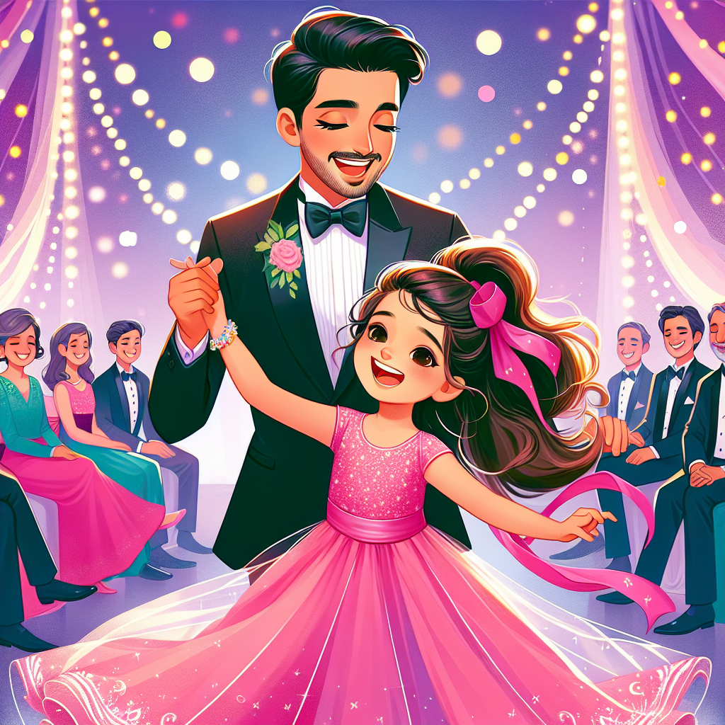 Effortless Outfits for Daddy Daughter Dances A vibrant illustration of a South Asian father and his daughter joyfully dancing together at a daddy daughter dance event. The father is wearing a classy tuxedo with a tie while the daughter is in a beautiful flowing pink dress, with her hair tied up in ribbons. They are surrounded by soft twinkling fairy lights and onlookers in elegant attires, highlighting the special, joyous atmosphere of the event.
