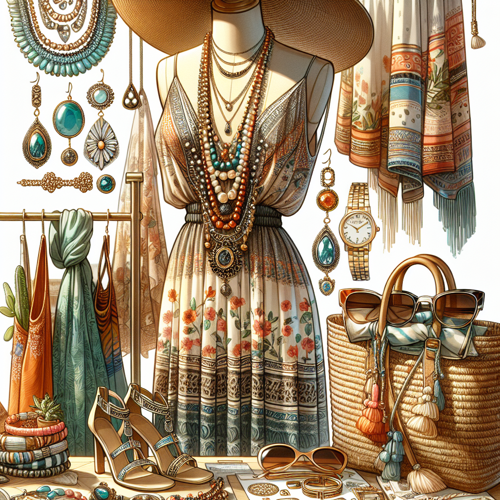 Illustrate a detailed scene focusing on an array of stunning, must-have accessories that can enhance the appeal of a sun dress. Show a variety of jewellery such as delicate layered necklaces, statement pendant earrings, vibrant beaded bracelets, and vintage-inspired watches. Include other accessories like a trendy straw hat with a wide brim, oversized sunglasses with tinted lenses and patterned frames, a floral print lightweight scarf, strappy sandals with metallic accents, and a chic hand-woven bag. Ensure the accessories complement a breezy, patterned sun dress draped over a dressmaker's mannequin. The setting should be a sunlit, inviting boutique scene.