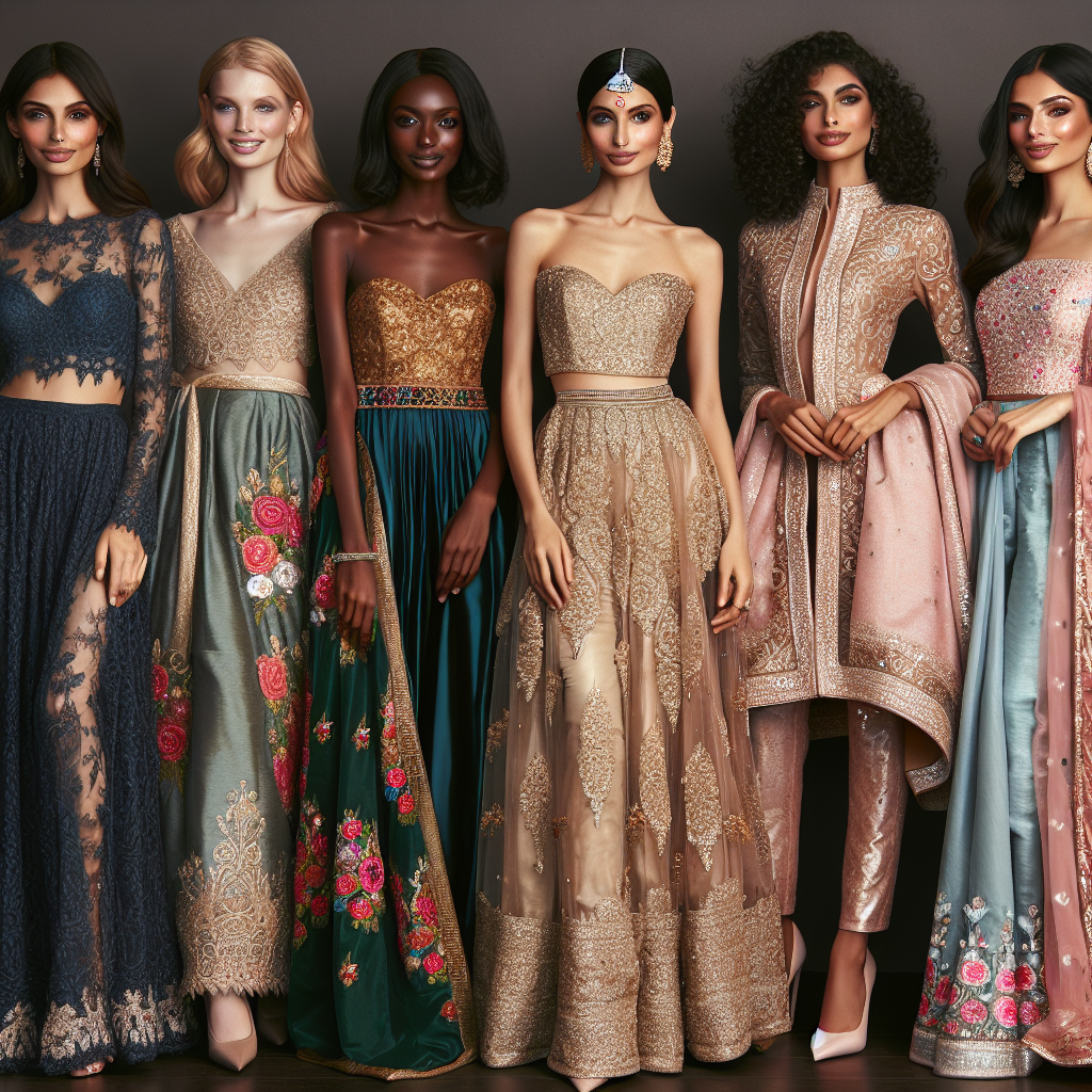 What to Wear at a Wedding Reception: Stunning Looks for Her Showcase an array of stylish fashion choices women can embrace for wedding receptions. Picture a range of diverse women with different skin tones: a Caucasian woman wearing a lacy, dark green maxi dress; a Hispanic woman dressed in a dazzling gold silk saree with colorful embroidery; a Black woman donning an elegant blue jumpsuit; a Middle-Eastern woman showcasing a beautiful red kaftan with silver embellishments; and a South Asian woman in a classy pastel pink Anarkali suit. Have them standing together, their smiles as radiant as their outfits. Each ensemble should embody elegance, sophistication, and a celebration of cultural diversity.