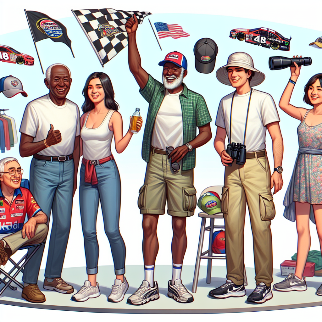 Fashion Guide: Must-Have Looks for Your Next NASCAR Event Create an image representing an insightful guide to NASCAR event fashion. This scene should feature a diverse group of individuals showing off their unique yet appropriate styles. To the left, depict an elderly Black gentleman in a casual shirt and jeans, joyously waving a racing flag. Near him, visualize a young Hispanic woman wearing a sports cap, a comfortable sundress, and sneakers. To the right, paint a middle-aged Middle-Eastern man in a white t-shirt, cargo shorts, and comfortable footwear, holding binoculars. Moreover, include various race team merchandise like caps, shirts, and scarves being sold at various booths, symbolizing the fan spirit.