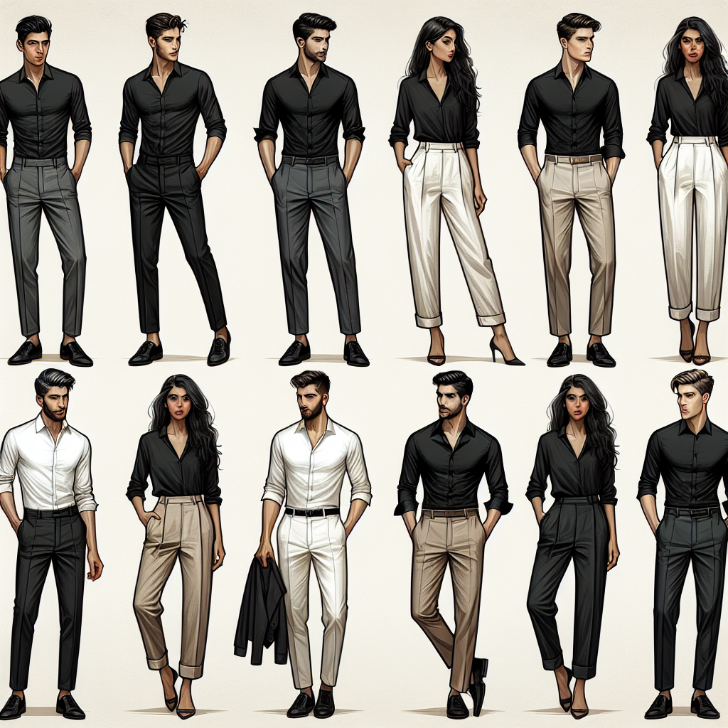 Must-Have Outfits: Best Pants for Black Shirts at Interviews Visualize a collection of must-have outfits for interviews containing a variety of stylish pants paired with black shirts. The first outfit is a combination of a black shirt matched with straight-cut charcoal grey pants on a Middle Eastern man. The second outfit should be a black shirt complemented with crisp white linen pants, worn by a South Asian woman. The third showcases a Hispanic man in a black shirt paired with classy navy blue chinos. Finally, depict a Caucasian woman presenting a black shirt completed with a stylish pair of beige khakis.
