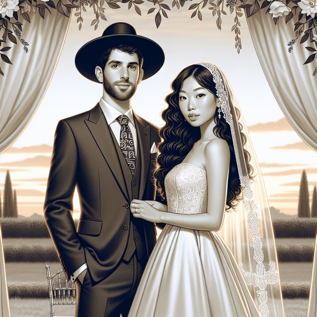 Stunning Jewish Wedding Attire: Effortlessly Chic A pictorial representation of a traditional Jewish wedding attire. The image should display an effortlessly chic style. The groom is depicted wearing a yarmulke and a stylish suit, with emphasis on the detailed designs of the tie and pocket square. The bride, an Asian woman, is wearing an elegant white wedding gown characterized by refined simplicity, highlighting a balance between tradition and modernity. She also places a veil gracefully on her curly hair. The couple is standing under a beautifully adorned chuppah, which stands as a symbol of their new home together, against a serene backdrop of a well-kept garden at sunset.