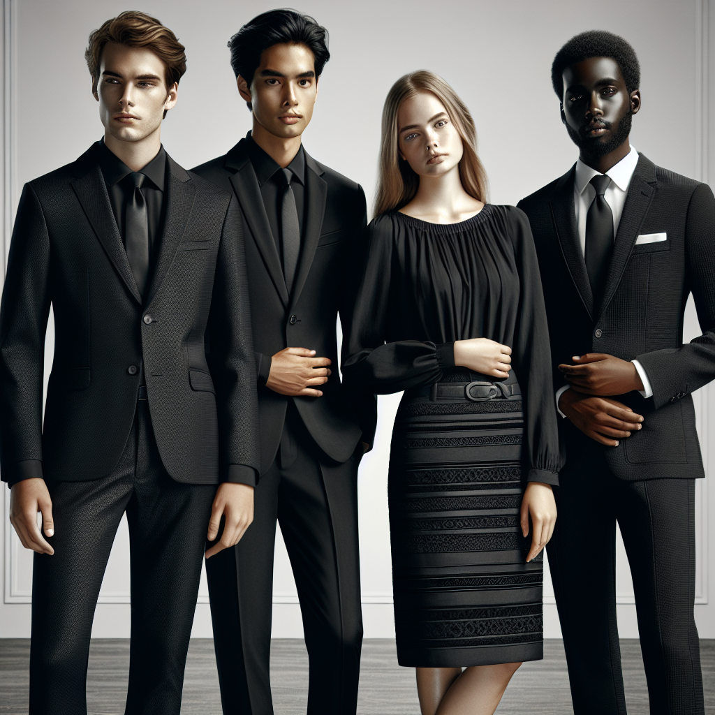 Funeral Attire Guide: Effortless, Respectful Outfits Visual depiction of an array of tasteful and respectful outfits suitable for a funeral. The scene should include four individuals, two men, one Caucasian and one South Asian, and two women, one Hispanic and one Black, all dressed in different types of funeral attire: classical black suit, black dress, dark pattern-free attire and sophisticated subdued ensemble. They are standing together in a neutral setting. Focus on the details of their clothing, material selection and style to display diversity and cultural sensitivity in funeral attire.