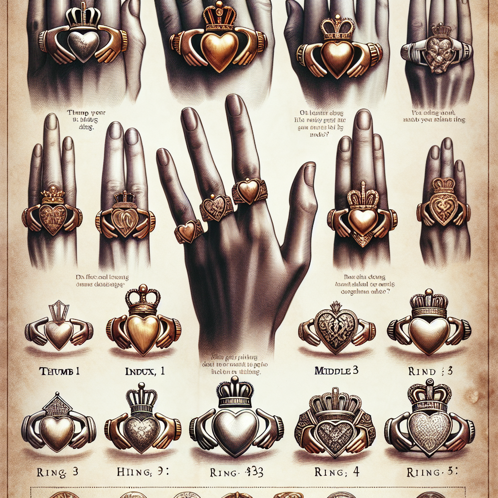 Claddagh Ring Guide: Best Styles for Every Finger An enlightening visual guide to Claddagh rings, featuring a richly detailed display of various styles suitable for each finger. The image should showcase different high-quality claddagh ring designs, each perfectly proportioned to the finger it's intended for- thumb, index, middle, ring, and pinky. The designs can be intricate, displaying deep symbolism tied to their Irish heritage, with prominent visual elements such as the heart, hands, and crown. The rings should be carefully placed on illustrative hands of different skin tones, from Caucasian to Hispanic to South Asian, highlighting inclusivity. The background can be a soft, antique parchment to emulate a vintage guide feel.