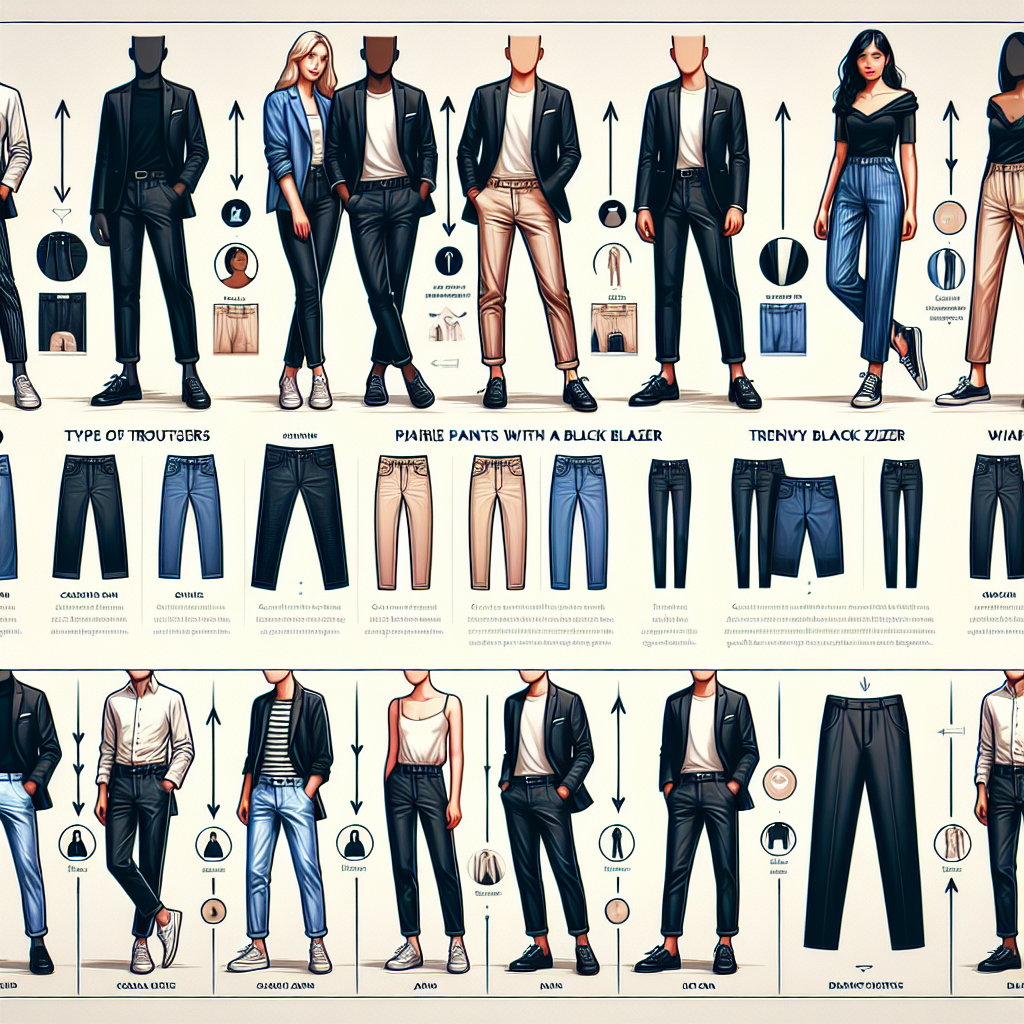Create an image demonstrating a visual guide on pairing pants with a black blazer. The image includes prominent displays of various styles of trousers that one can pair with a black blazer. The types of trousers should range from formal pinstriped pants, casual jeans, to trendy chinos, showcased by a diverse group of individuals of different genders and descents like a South Asian woman, a Caucasian man, a Black woman, and a Hispanic man. Use arrows and icons to indicate the pairing of the pants to the black blazer. Add text boxes with tips on effectively pairing each type of these pants with a black blazer. The overall style should be fashion magazine-like, clear, and informative.