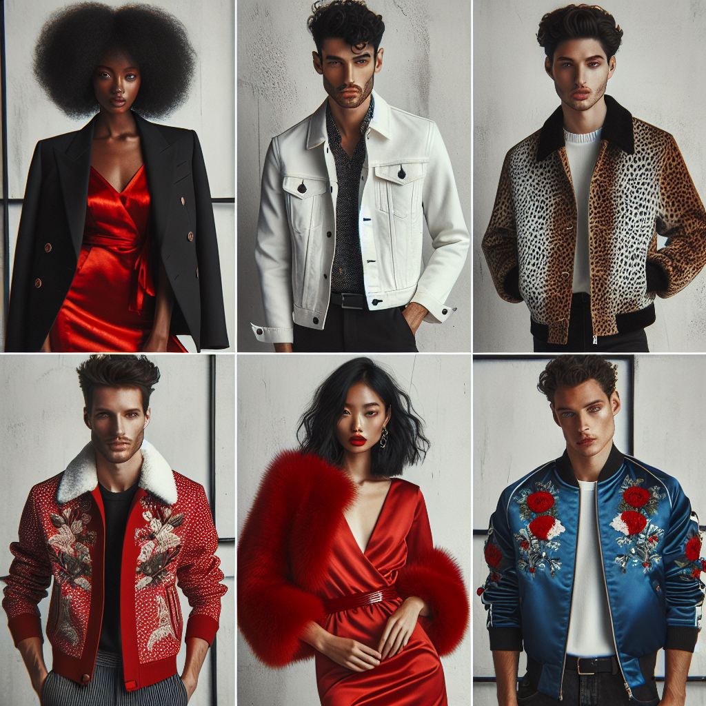 An expertly curated selection of stylish jackets best suited for a vivid red dress. This ensemble includes: 1) An elegant black blazer worn by a Black woman with curly hair, 2) A crisp, white denim jacket sported by a Middle-Eastern man with a stylish haircut, 3) A chic, leopard print faux fur jacket modelled by an East Asian woman with short hair, and 4) A bold, embroidered blue bomber jacket shown on a Caucasian man with a beard. All models are showcasing a vibrant red dress under their respective jackets, exuding confidence and style. The backdrop is a minimalist, urban setting.