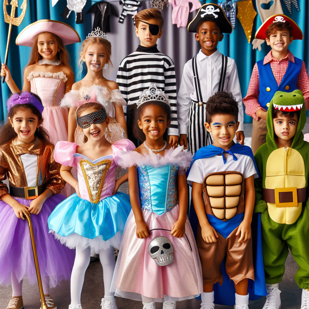 Stunning Outfit Ideas for Kids' Birthday Parties A delightful scene featuring a variety of trendy and vibrant outfit ideas for children's birthday parties. Imagine a colourful display of various dressing themes like fairytale princesses, superheroes, animals, and pirates. Include a Middle-Eastern boy in a pirate's outfit complete with eye patch and striped shirt, a Hispanic girl dressed up as a fairytale princess with a glittering tiara, a South Asian girl in a cute animal costume, a White boy in a superhero outfit showcasing his strength, and a Black boy as a ferocious dinosaur. All the kids are happy and excited, adding to the festive atmosphere.