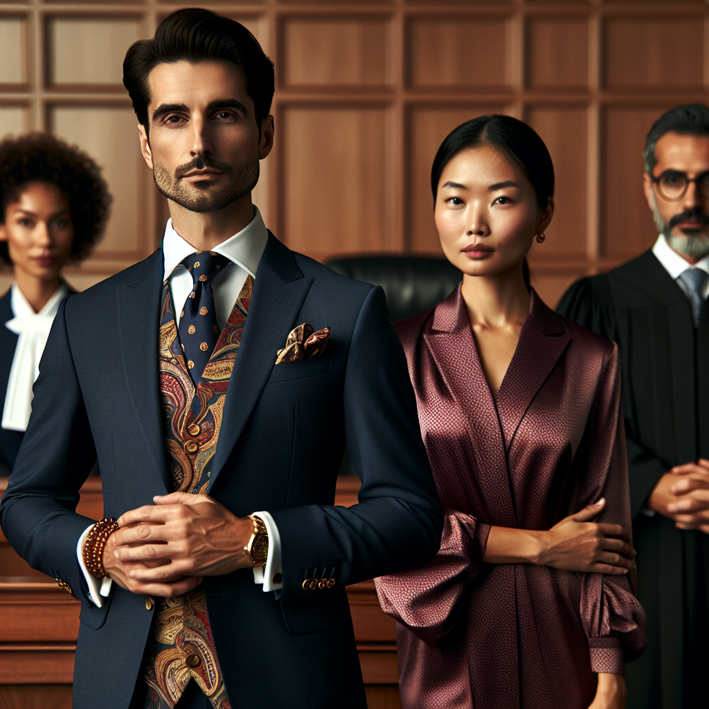 Stunning Courtroom Outfits: Dress to Impress A well-lit courtroom scene showcasing elegant and impressive attire. On one side, we have a confident Hispanic male lawyer, donned in a sharp navy-blue suit with gold cufflinks and a silk, paisley print tie. On the other, an Asian female lawyer radiates power in a tailored burgundy pantsuit, her outfit further embellished with a classy pearl necklace. The judge, a Middle-Eastern woman, commands respect in her black robe; her glasses balanced delicately at the tip of her nose. A Caucasian jury member woman stands out in a blaze of color with her pale green dress. Your attention to these outfits signals professionalism and respect for the court proceedings.