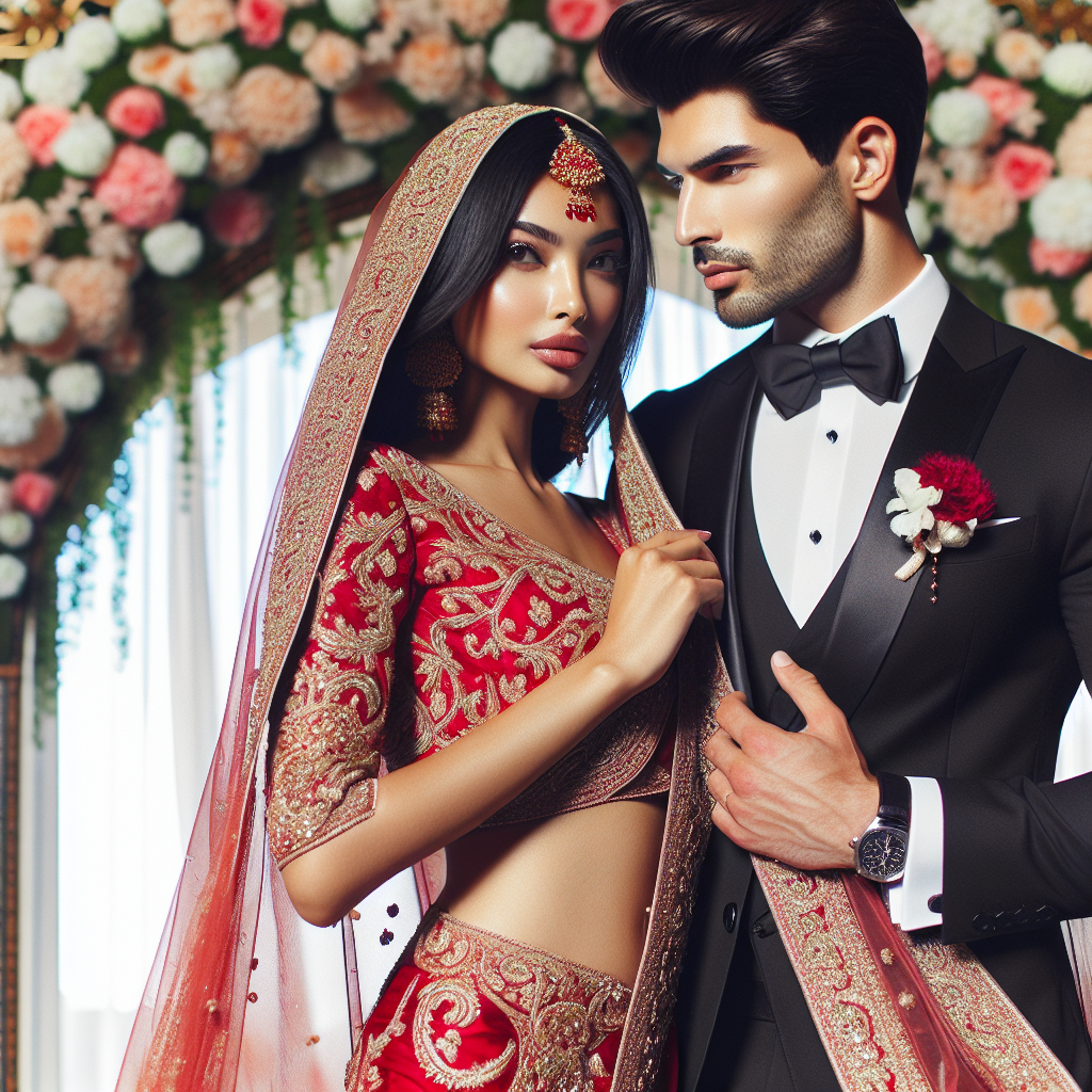 A sophisticatedly dressed woman, of South Asian descent, in a traditional red wedding saree with intricate gold embroidery flowing around her. She is complimented by a handsome man, of Hispanic descent, in a black tailored tuxedo and a crisp white shirt. They are both engrossed in each other's eyes against the background of a beautifully decorated floral arch symbolic of a wedding atmosphere.