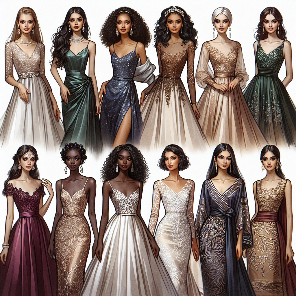 What Should Women Wear to a Formal Wedding: Must-Have Guide Visualize an array of formal attires for a wedding event that women can opt for. Picture a Caucasian woman elegantly clad in a flowing silk gown adorned with intricate sequin detailing. Next to her, envision a Hispanic woman showcasing an elegant satin sheath dress, complemented by a delicate pearl necklace. Next, a Black woman is wearing a sophisticated lace dress in a deep jewel tone. Alongside them, there's a Middle-Eastern woman adorned in an elegant A-line dress with an embroidered bodice. Lastly, a South Asian woman in a modernized version of traditional attire with rich embroidery.