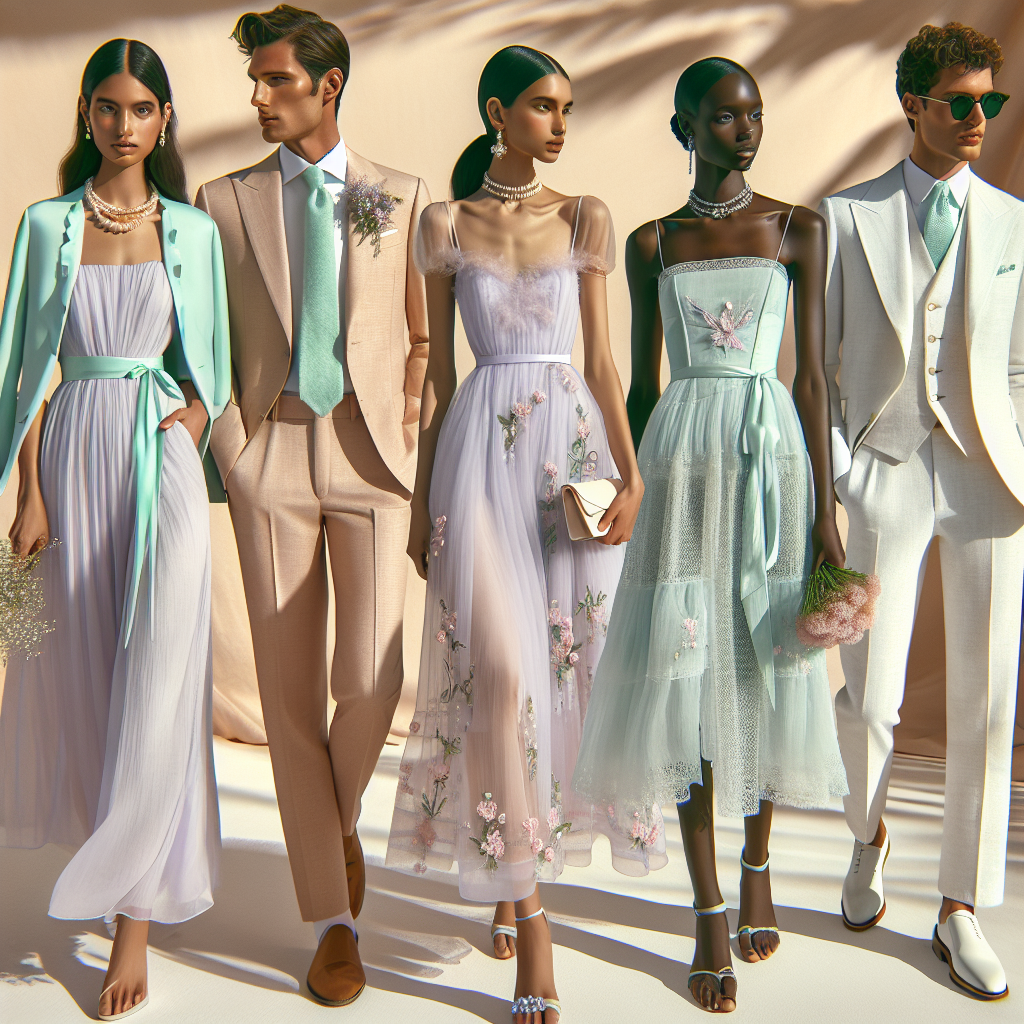 An ensemble of chic must-have outfits suitable for a daytime summer wedding styled in pastel colors for a radiant look. Visualize a Caucasian woman elegantly clad in a flowing mint dress, with dainty pearl accessories. Next to her, an Asian man in a light tan summer suit, with a seafoam green tie complementing the ensemble. A black woman stands with grace in a lavender tea-length dress with floral details, and a Middle-Eastern man showing off a dapper look in a white linen suit, paired with pastel pink shirt. Notice the soft hues of the wardrobe in the warm sunlight to evoke the summery feel.