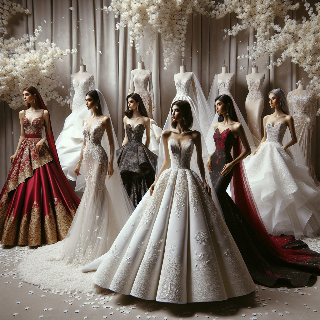Stunning Wedding Outfits for Women: Find Your Perfect Match! A breathtaking display of various wedding dresses for women. To the left, an elegant sari in deep red and gold for a South Asian bride. In the center, a classic sleeveless white ball gown with an intricate lace design for a Caucasian bride. To the right, a stylish black mermaid style dress with silver accents for a Hispanic bride. Each ensemble is thoughtfully accessorized with veils, jewelry, and shoes to complete the look. The outfits are displayed against a backdrop of gently falling cherry blossom petals. It's a showcase of diversity in wedding fashion worldwide, finding that perfect match for each individual bride.