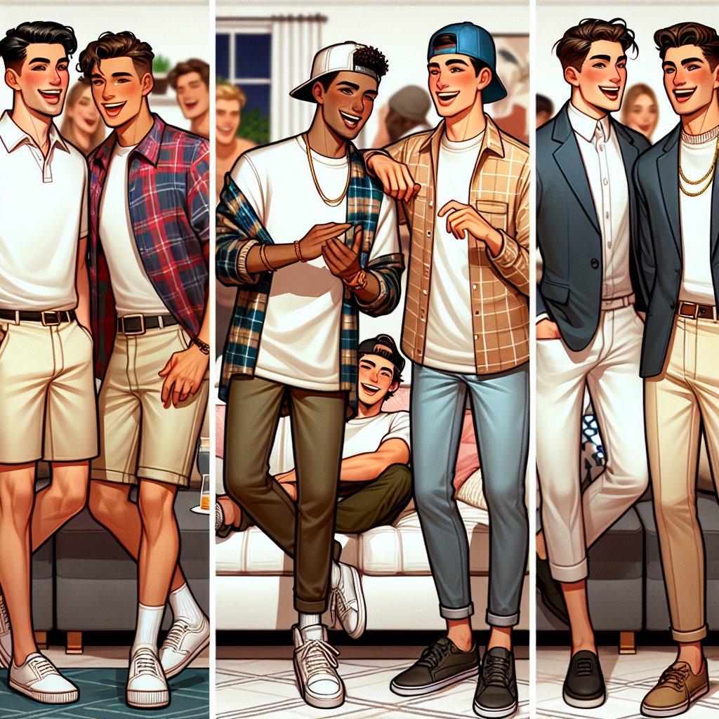 Visualize a stylish and trendy party scene where four young men of differing descents: Caucasian, Hispanic, Black, and Middle-Eastern, are socializing. Each individual represents a unique style look fit for frat parties: 1. A guy in a relaxed style with a polo shirt and khaki shorts, 2. a man showcasing a hip urban look in a backwards baseball cap and flannel shirt over a white, loose-fit t-shirt, jeans and sneakers, 3. a man in a classic frat style wearing a button-down shirt, jeans and loafers, and 4. a man in a casual chic style, a graphic t-shirt with a blazer, slim jeans and cool sneakers. They are all laughing and interacting in a well decorated room indicative of a house party setting.