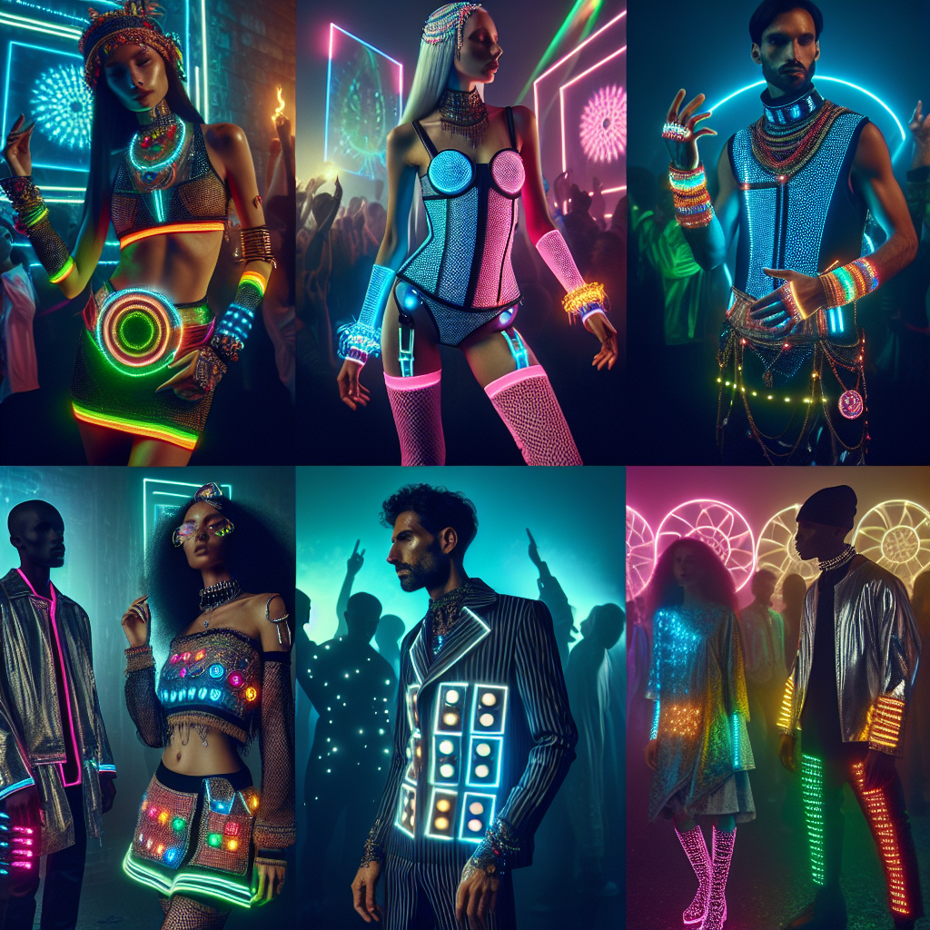 Visualize a lively and color-filled scene of a techno party, focusing on various creative and standout outfits. Picture a Caucasian female with neon accents in her outfit and glow accessories. Beside her, imagine a Middle-Eastern male dressed in futuristic metallic clothes reflecting colorful lights back. Close by, a South Asian female displays a mix of traditional clothing elements and techno-inspired accessories. Lastly, envision a Black male rocking an outfit with LED elements, casting rhythmic sequences of light around. Evoking an atmosphere of an electrifying techno rave night, these outfits represent exclusive and effortless styles.