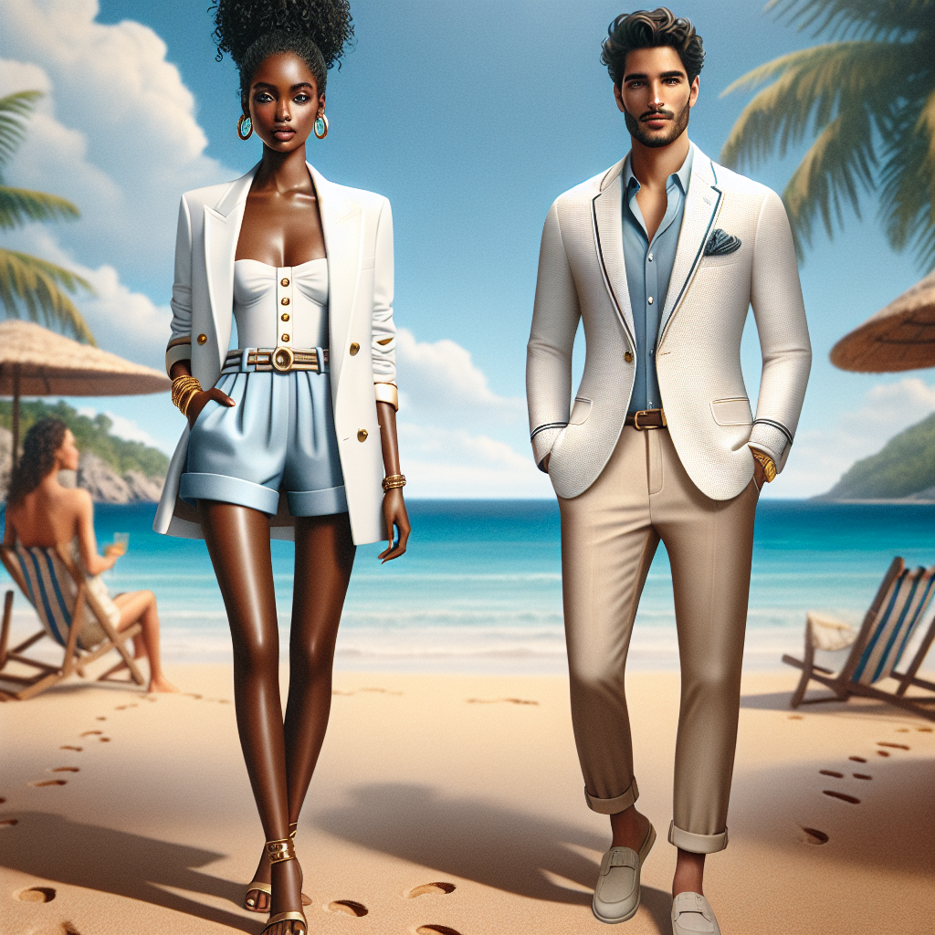 Stunning White Blazer Styles for Beach Glam! Imagine a fashion-forward scene at a lively beach setting. At the heart of this scenery, stands two individuals. A Black woman with curly hair tied up in an elegant bun, dons a luxury white blazer with gold button detailing, paired with chic pastel blue shorts. She has styled it with trendy gold accessories. A few steps away, a South Asian man proudly sports a sleek white blazer with small navy stripes. Underneath he wears a lightly colored linen shirt paired with comfortable beige chinos. The backdrop is a serene beach with footprints in the sand and the azure sea stretches till the horizon.
