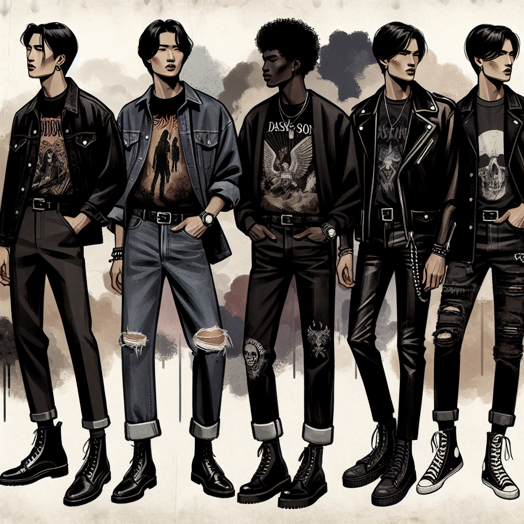 Rock Concert Style Guide: Must-Have Looks for Men Illustrate a comprehensive men's style guide for attending rock concerts that features various looks. The first look should depict an East Asian man in dark denim jeans, a classic band t-shirt, and a leather jacket. The second should show a Black man with a grunge-inspired outfit highlighting a flannel shirt, distressed jeans, and combat boots. The third look should represent a Middle-Eastern man wearing a black graphic tee, black leather pants, and high-top sneakers. The last look should feature a Caucasian man in a moto jacket, skinny jeans, and vintage rock band tee. Each man should embody the rock concert atmosphere and be set against an abstract background of muted, moody colors.