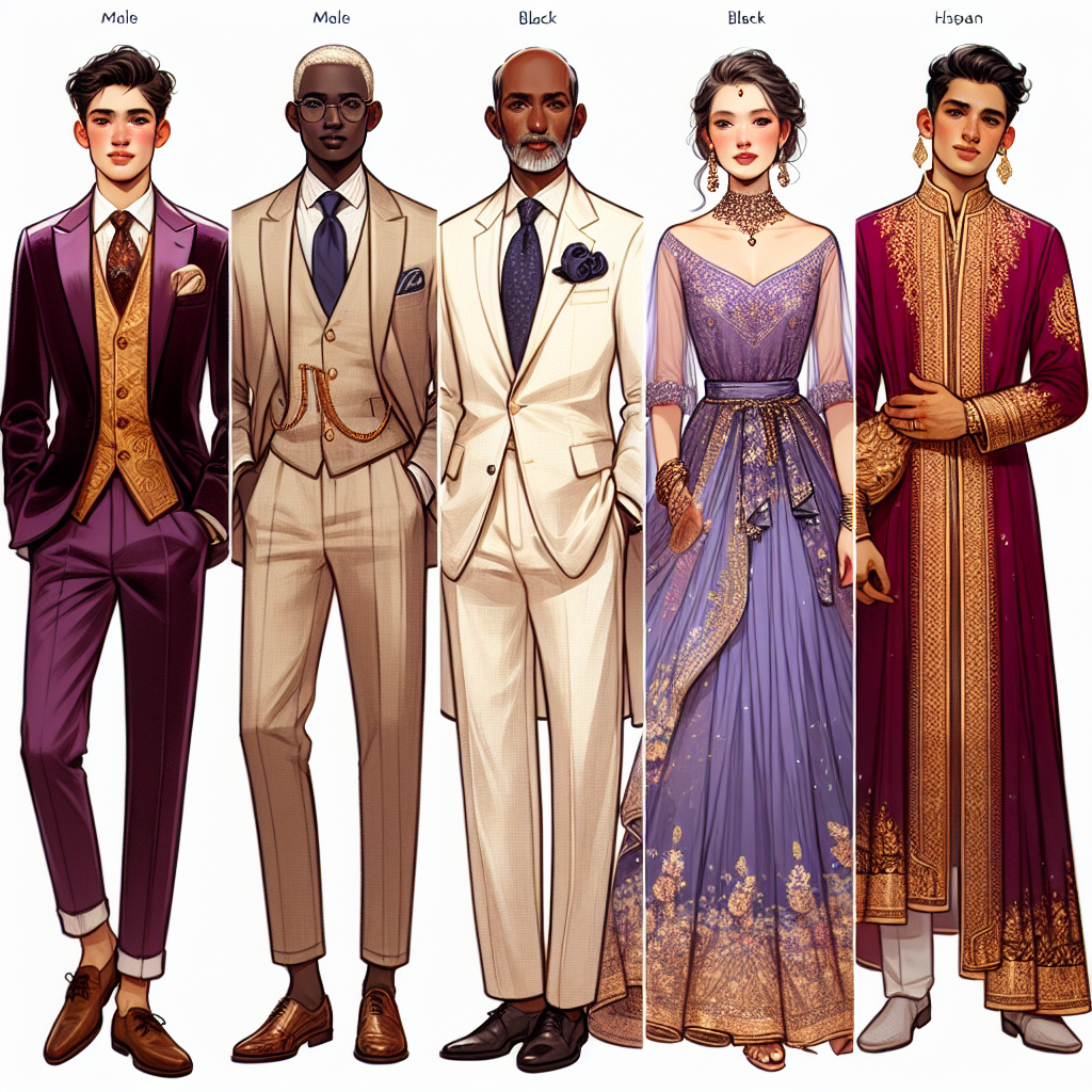 Visualize a series of six stunning guest outfits for a Quincea&ntilde;era. The first three are designed for male guests: a young Caucasian man in a maroon velvet suit, an elderly Black gentleman in a cream linen suit with a silk pocket square, and a middle-aged Hispanic man in a navy blue blazer with chinos. The next half features outfits for female guests: a middle-aged South Asian woman in a lavender sari with golden embroidery, a young white woman in a sapphire blue cocktail dress, and an elderly Middle-Eastern woman in a ruby red kaftan adorned with intricate beading. Reflect traditional elegance through these diverse outfits.