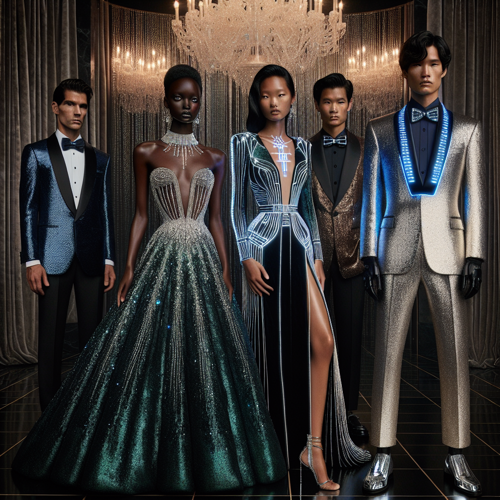 Must-Have Gala Outfits 2025: Dazzle Effortlessly An extravagant evening setting showcasing a diverse array of gala outfits from the future year of 2025. Include a black woman gracefully draped in a shimmering emerald ball gown with a plunging neckline and a cascade of diamonds encircling her neck. Beside her, a South-Asian man models a finely tailored, futuristic tuxedo in midnight blue boasting sharp edges and sleek digital detailing. Across from him, a Caucasian woman stands elegantly in a sequined silver pantsuit, imbued with subtle holographic accents. The whole scenario is set against a backdrop of velvet curtains and crystal chandeliers, exuding the wealth and opulence of the dazzling event.
