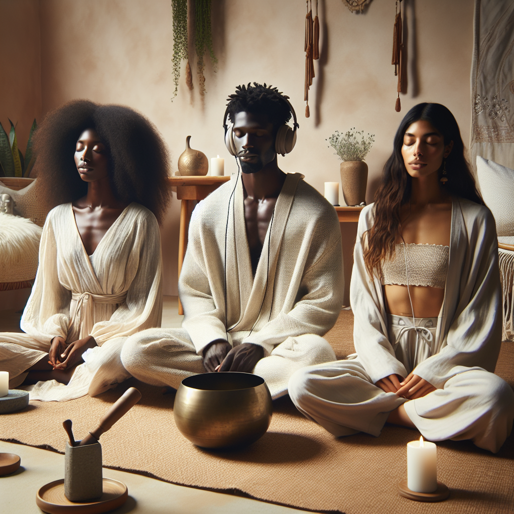 Stunning Outfits for Sound Bath Meditation: Effortless Style Imagine a serene scene of a sound bath meditation session. Three individuals of unique descents, a Black woman, a Middle-Eastern man, and a Hispanic woman, are comfortably dressed in stunning yet effortless style outfits suitable for meditation. Their attire is loose, layered, and light-colored, indicating comfort and freedom of movement. The room they are in emanates calmness, having soft light and decorated with soothing elements such as a singing bowl, aroma candles, and minimalist decor. There's a soft resonating hum of the sound bath accompanying the blissful quietness.