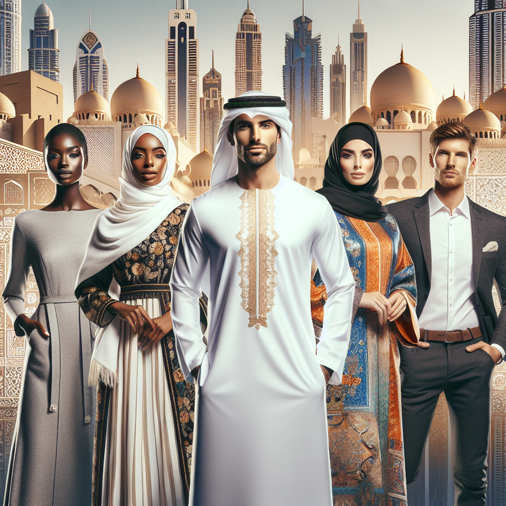 Stunning Dubai Attire: Discover Your Perfect Look Create an image showcasing a diverse array of individuals modeling different types of traditional and modern Dubai attire. Include a Black man wearing a crisp, white kandura with gold embroidery, a South Asian woman adorned in an elegant abaya with colorful patterns, a Middle-Eastern woman in a trendy, contemporary version of the hijab, and a Caucasian man in a smart, modern business suit with a distinctive Dubai flair. Background should be a mix of both ancient and modern architectural elements, capturing the spirit and cultural richness of Dubai.