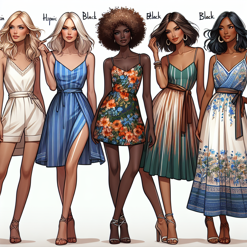 Stunning Sundress Styles: Effortless & Chic Choices Create an image that showcases a variety of stunning sundress styles. Featuring a line-up of four women, each of different descents: a Caucasian woman, a Hispanic woman, a Black woman, and a Middle-Eastern woman, all portrayed in an elegant and fashionable manner. The first woman is embracing a minimalist style sundress, the second one is championing a bold, colorful pattern, the third woman is rocking a classic, vintage-inspired sundress, and the last woman is modeling a modern, chic sundress. These choices should embody an effortless yet chic aesthetic with attention to detail and coloring.